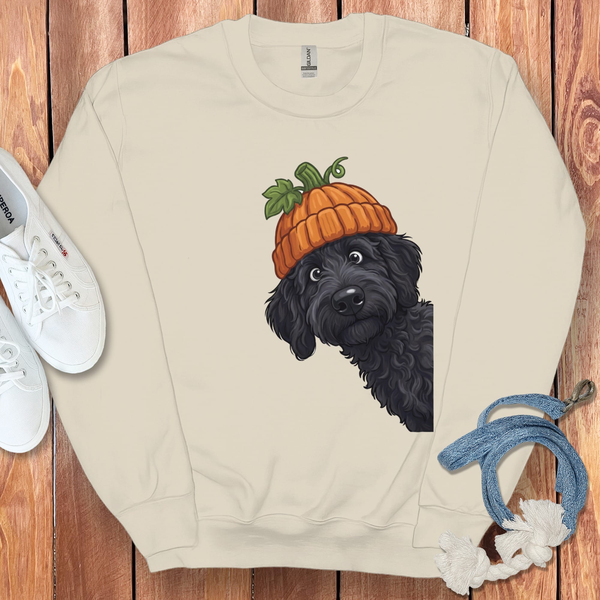 Lil Pumpkin Black Goldendoodle Sweatshirt in Sand / S by Puppy Jo