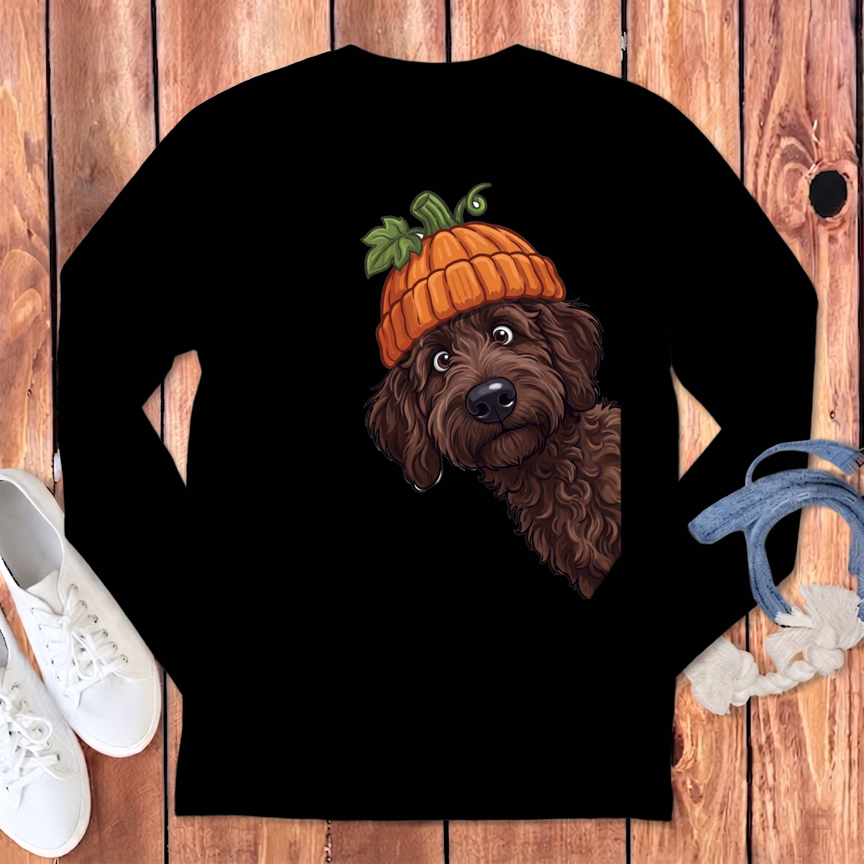 Lil Pumpkin Chocolate Goldnedoodle Long Sleeve T-Shirt in Black / S by Puppy Jo