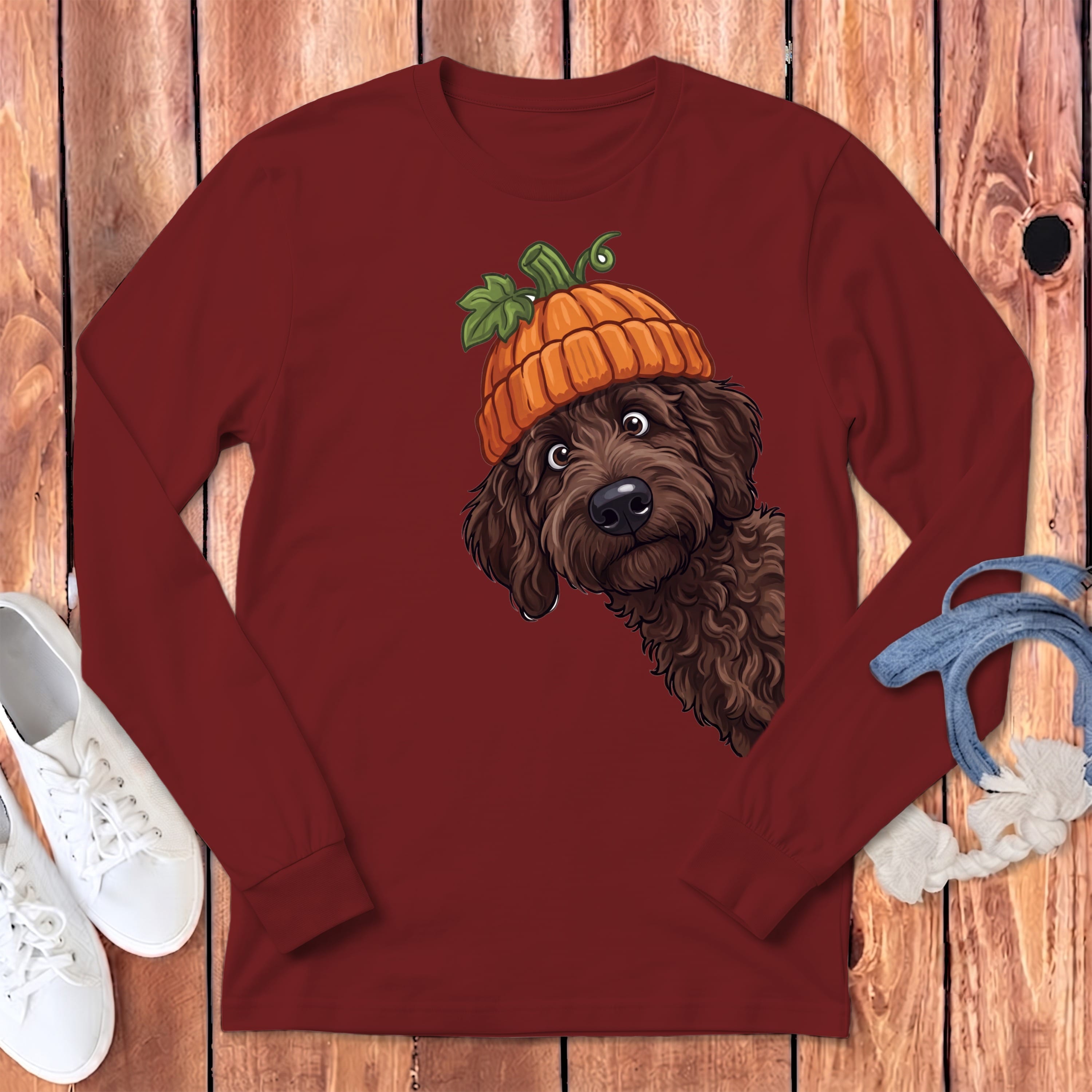 Lil Pumpkin Chocolate Goldnedoodle Long Sleeve T-Shirt in Cardinal / S by Puppy Jo