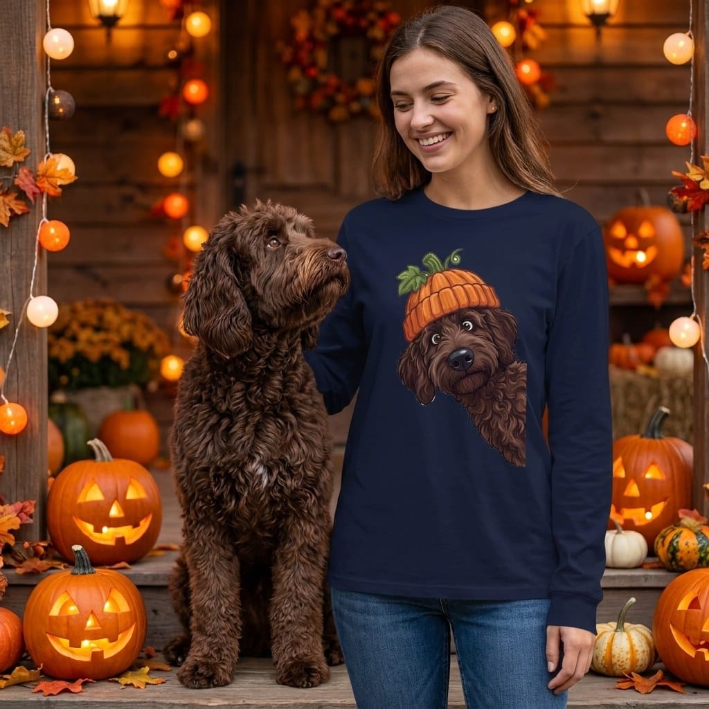 Lil Pumpkin Chocolate Goldnedoodle Long Sleeve T-Shirt in by Puppy Jo