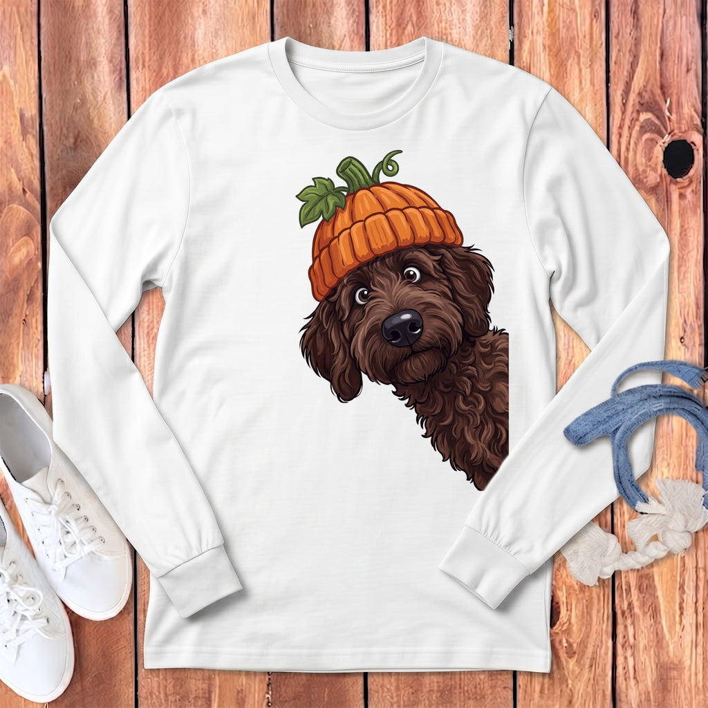 Lil Pumpkin Chocolate Goldnedoodle Long Sleeve T-Shirt in White / S by Puppy Jo