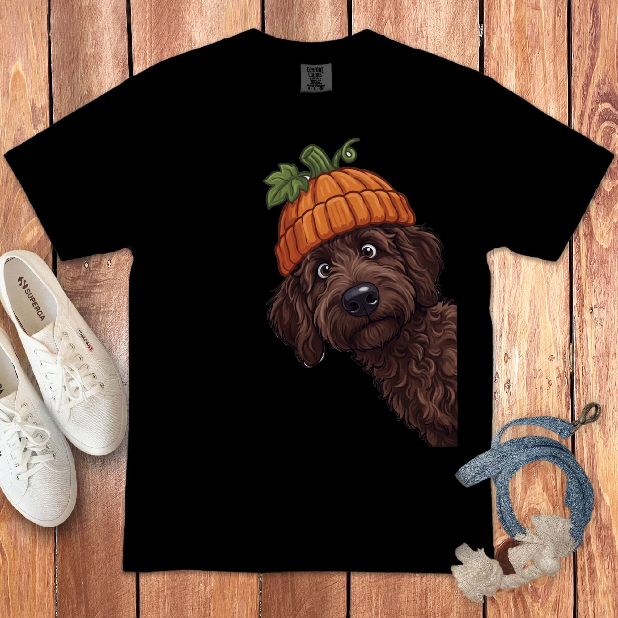 Lil Pumpkin Chocolate Goldnedoodle Signature T-Shirt in Black / S / T-Shirts by Puppy Jo