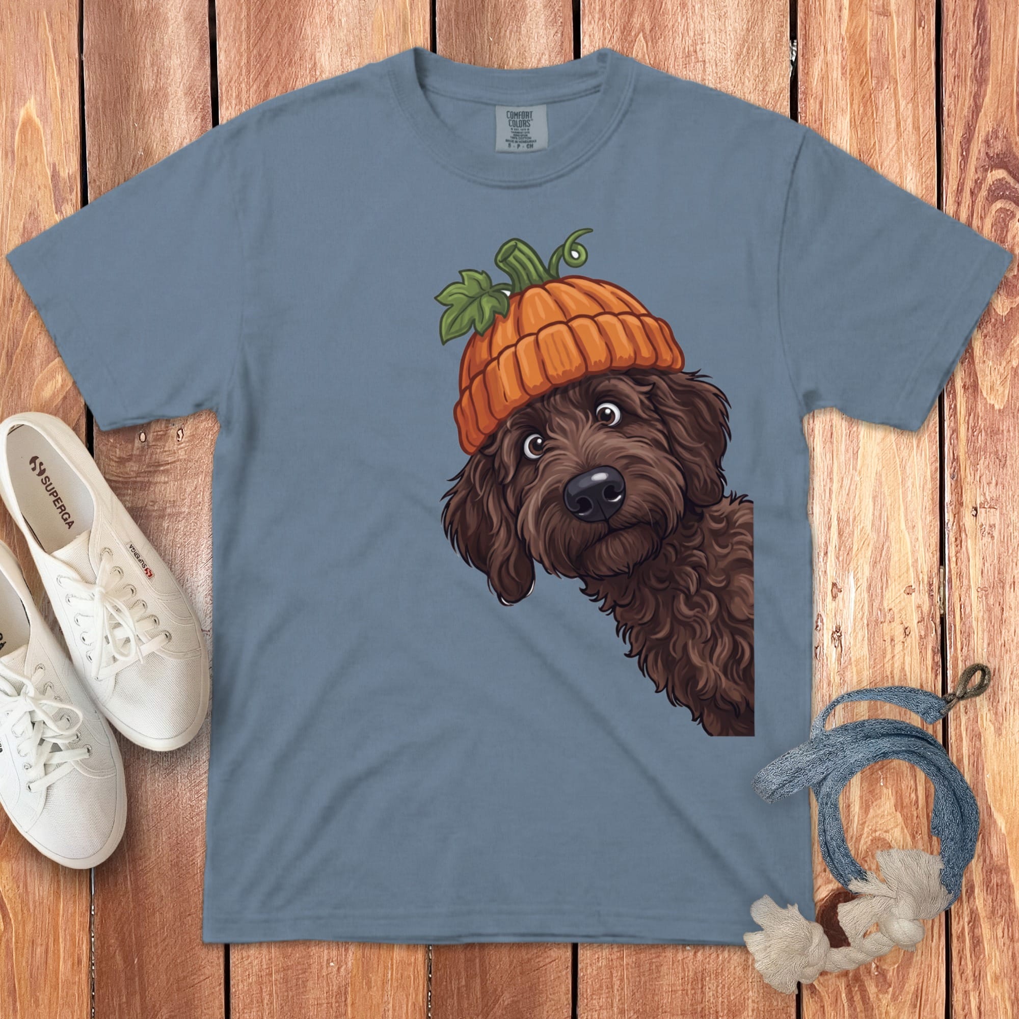Lil Pumpkin Chocolate Goldnedoodle Signature T-Shirt in Blue Jean / S / T-Shirts by Puppy Jo