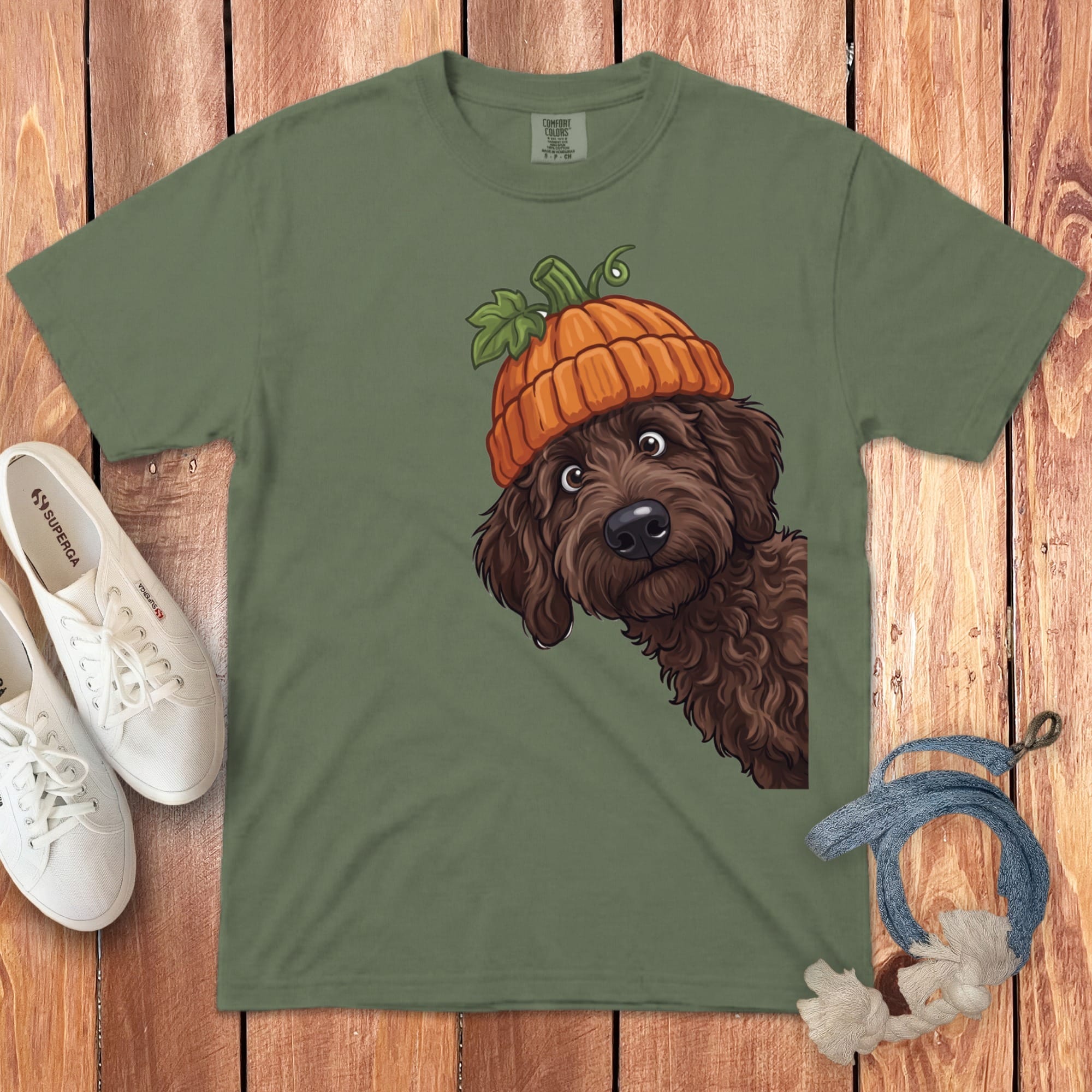 Lil Pumpkin Chocolate Goldnedoodle Signature T-Shirt in Moss / S / T-Shirts by Puppy Jo