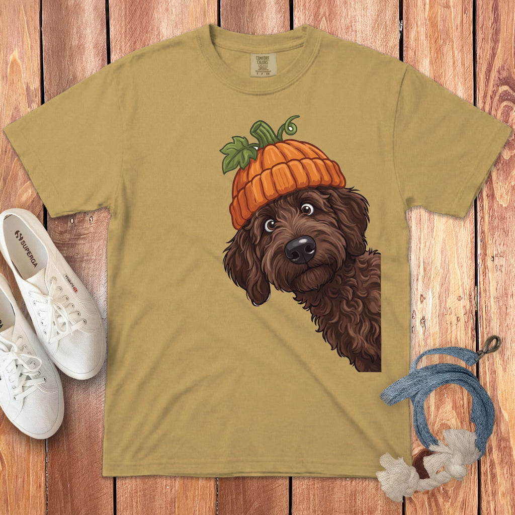 Lil Pumpkin Chocolate Goldnedoodle Signature T-Shirt in Mustard / S / T-Shirts by Puppy Jo