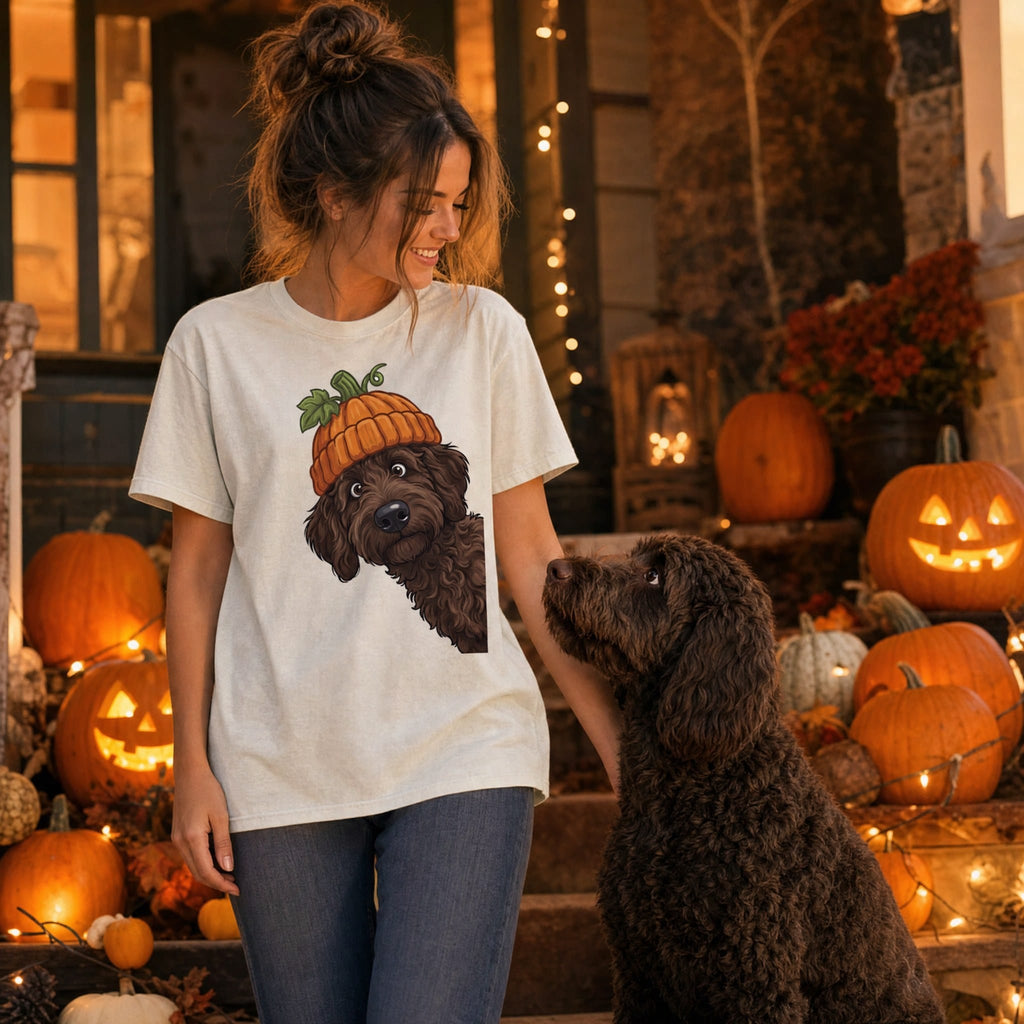 Lil Pumpkin Chocolate Goldnedoodle Signature T-Shirt in by Puppy Jo