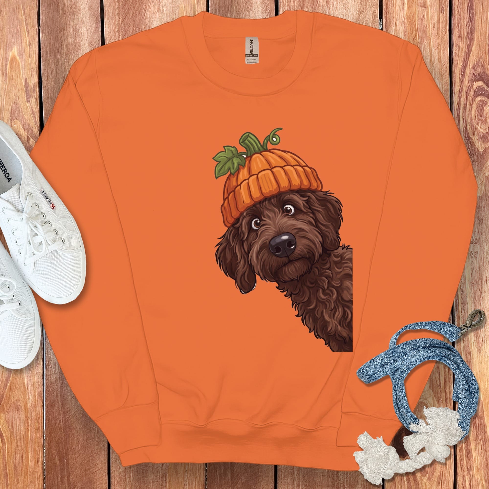 Lil Pumpkin Chocolate Goldnedoodle Sweatshirt in Orange / M by Puppy Jo