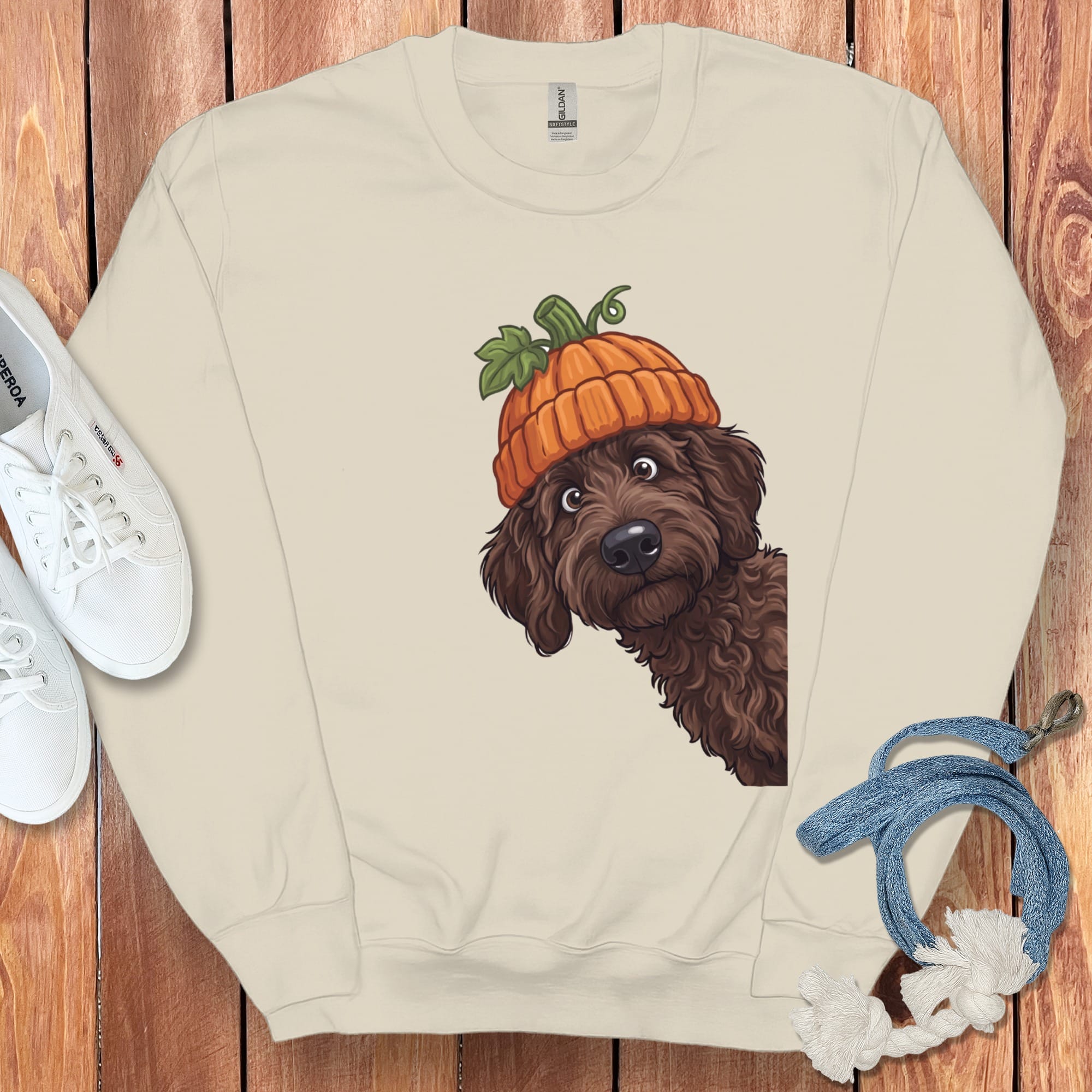 Lil Pumpkin Chocolate Goldnedoodle Sweatshirt in Sand / S by Puppy Jo
