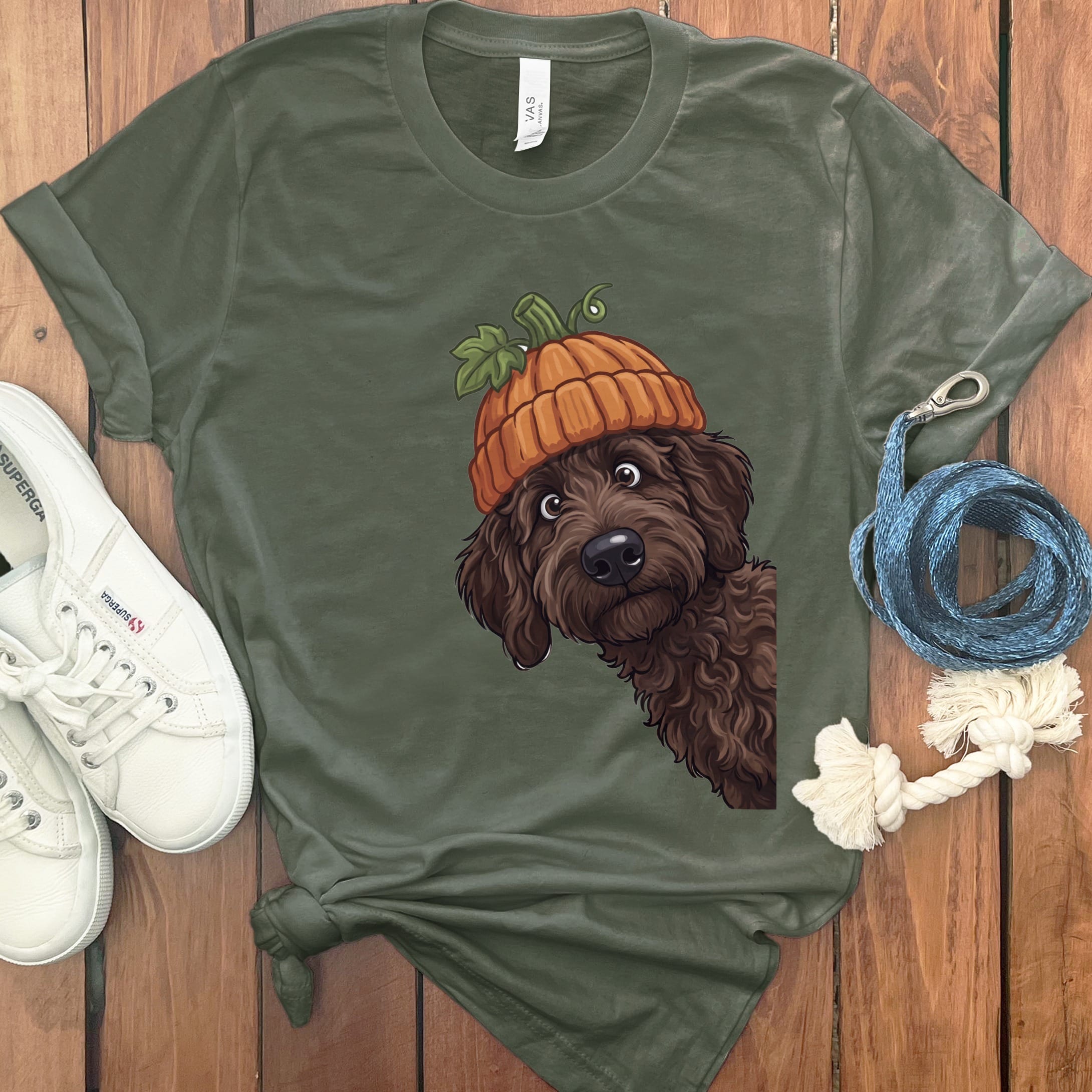 Lil Pumpkin Chocolate Goldnedoodle T-Shirt in Military Green / S by Puppy Jo