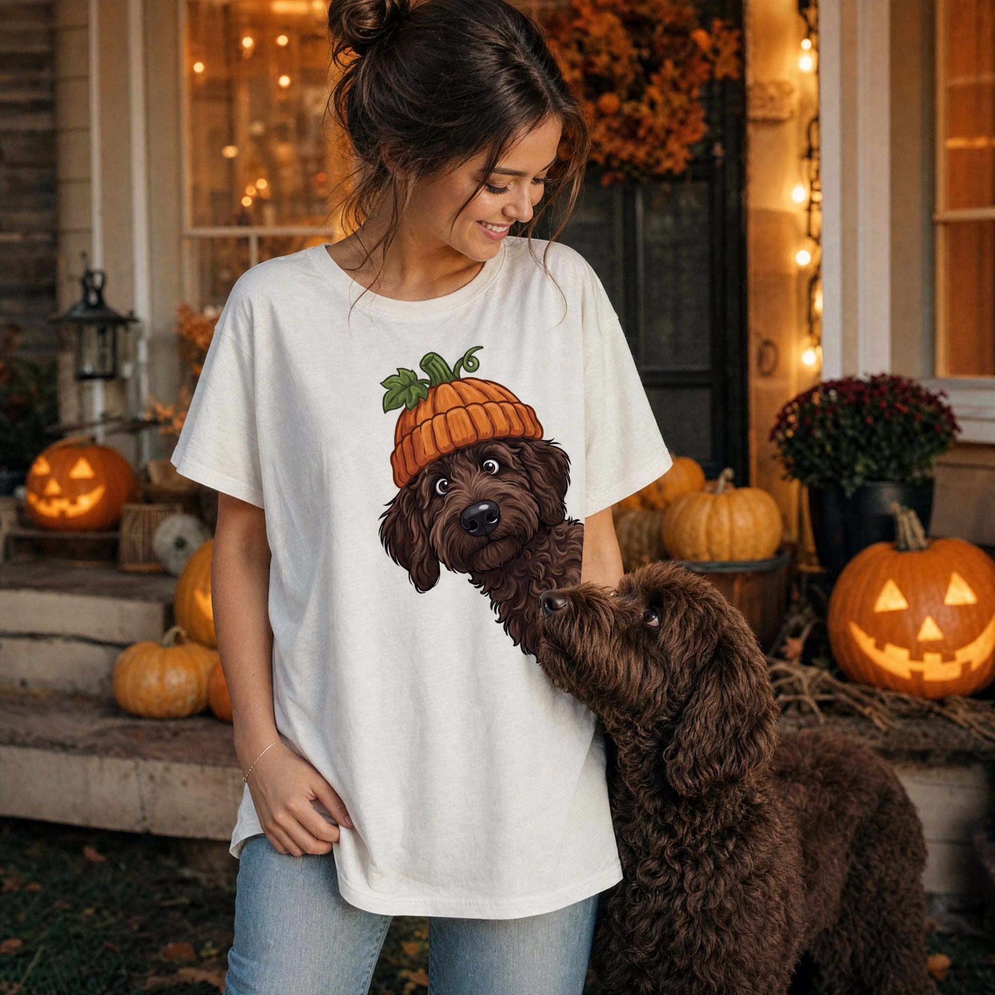 Lil Pumpkin Chocolate Goldnedoodle T-Shirt in by Puppy Jo