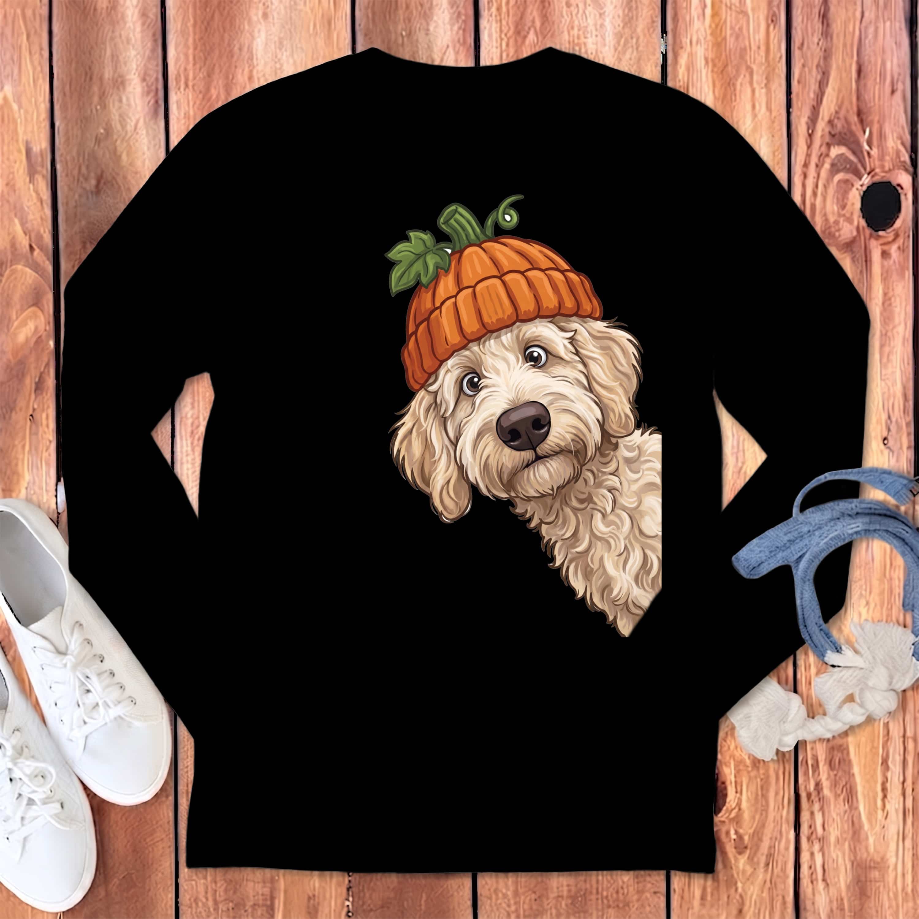 Lil Pumpkin Cream Goldendoodle Long Sleeve T-Shirt in Black / S by Puppy Jo