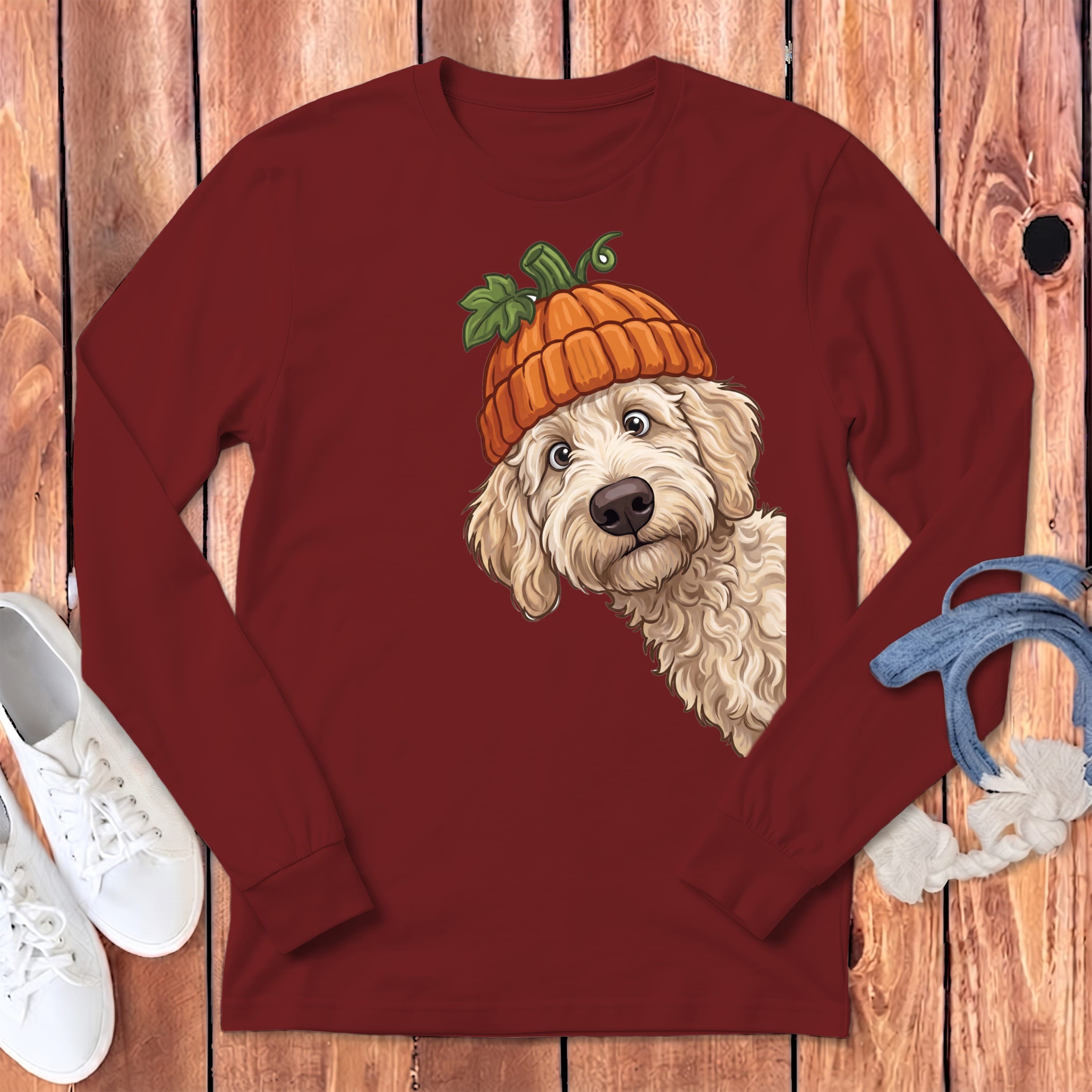 Lil Pumpkin Cream Goldendoodle Long Sleeve T-Shirt in Cardinal / S by Puppy Jo
