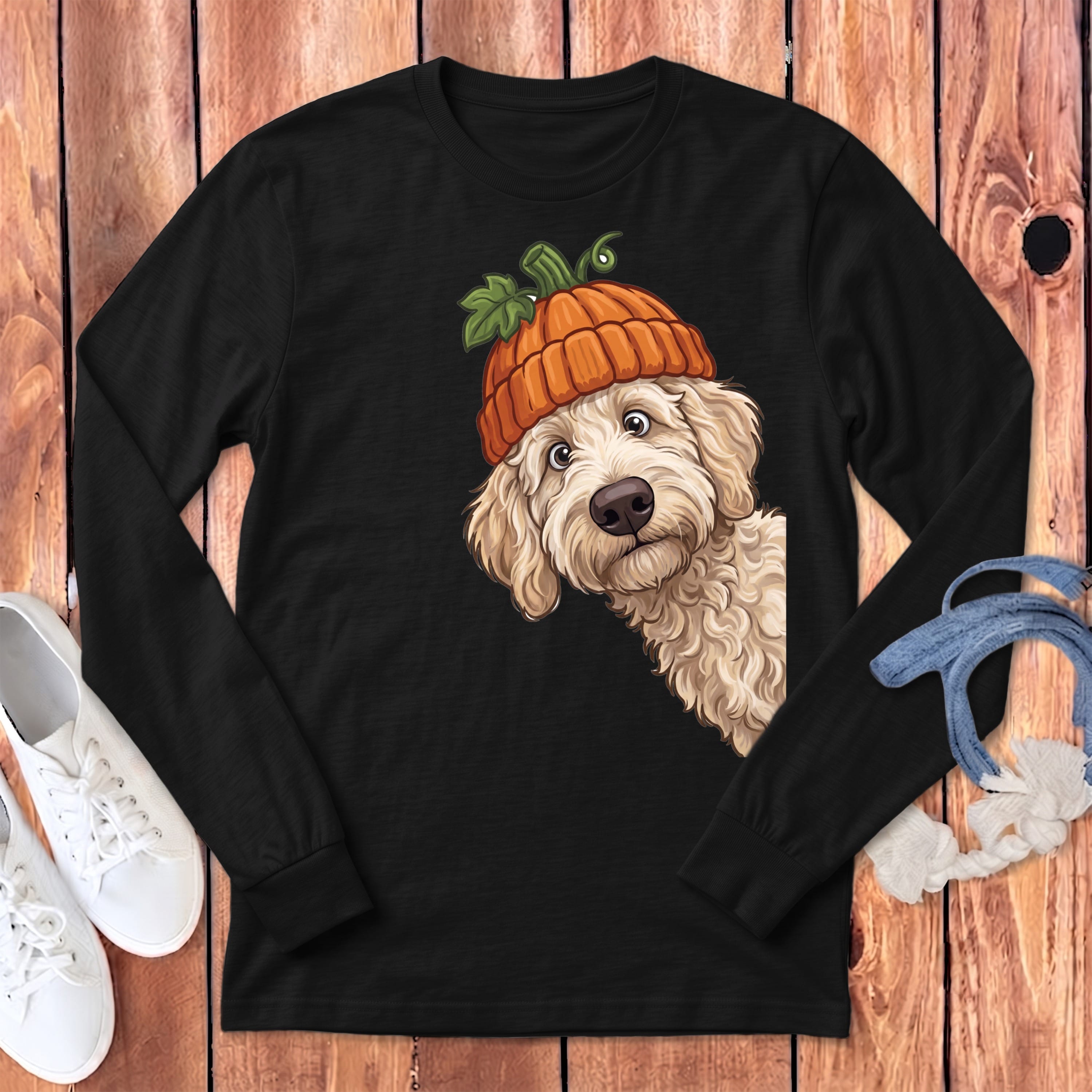 Lil Pumpkin Cream Goldendoodle Long Sleeve T-Shirt in Dark Grey Heather / S by Puppy Jo