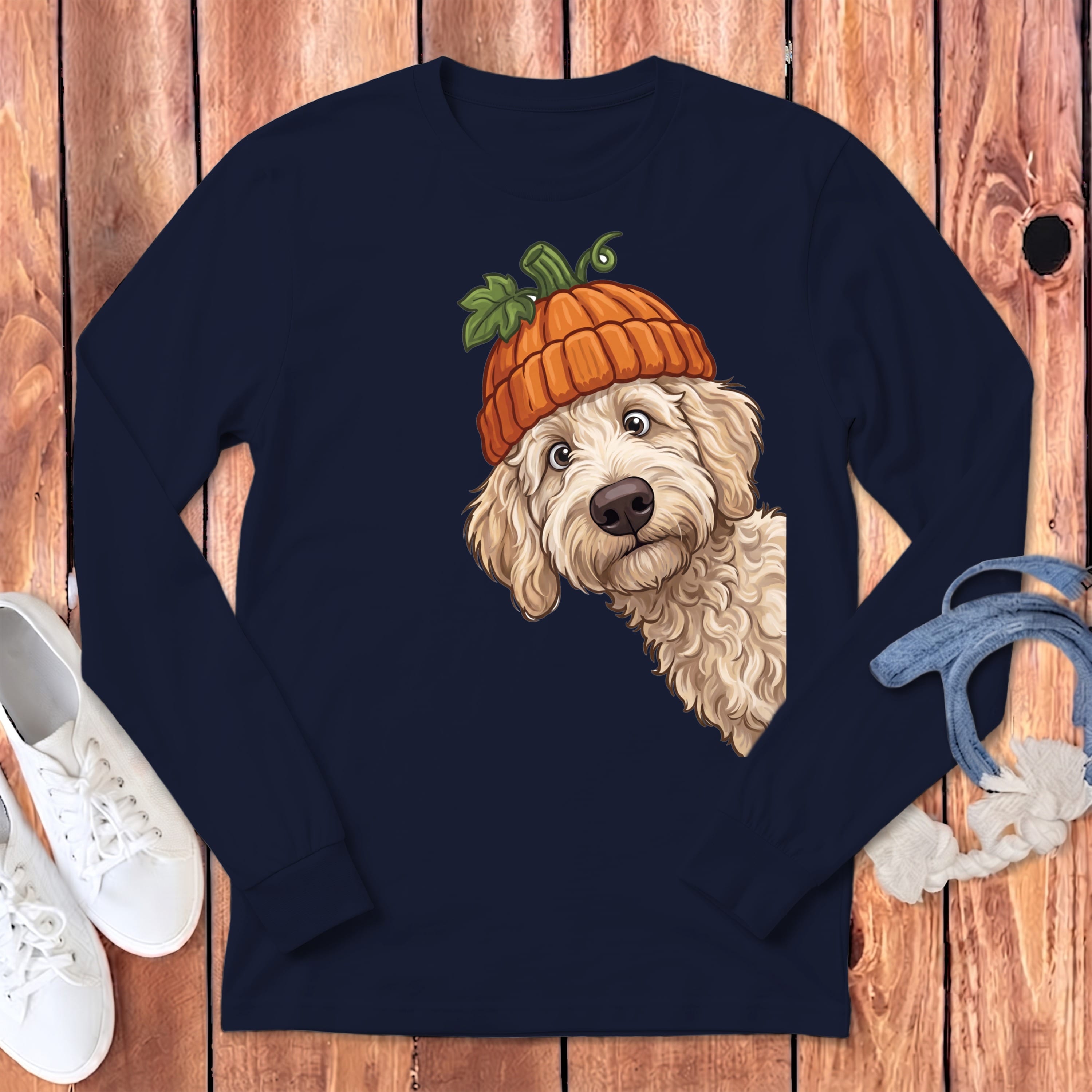 Lil Pumpkin Cream Goldendoodle Long Sleeve T-Shirt in Navy / S by Puppy Jo