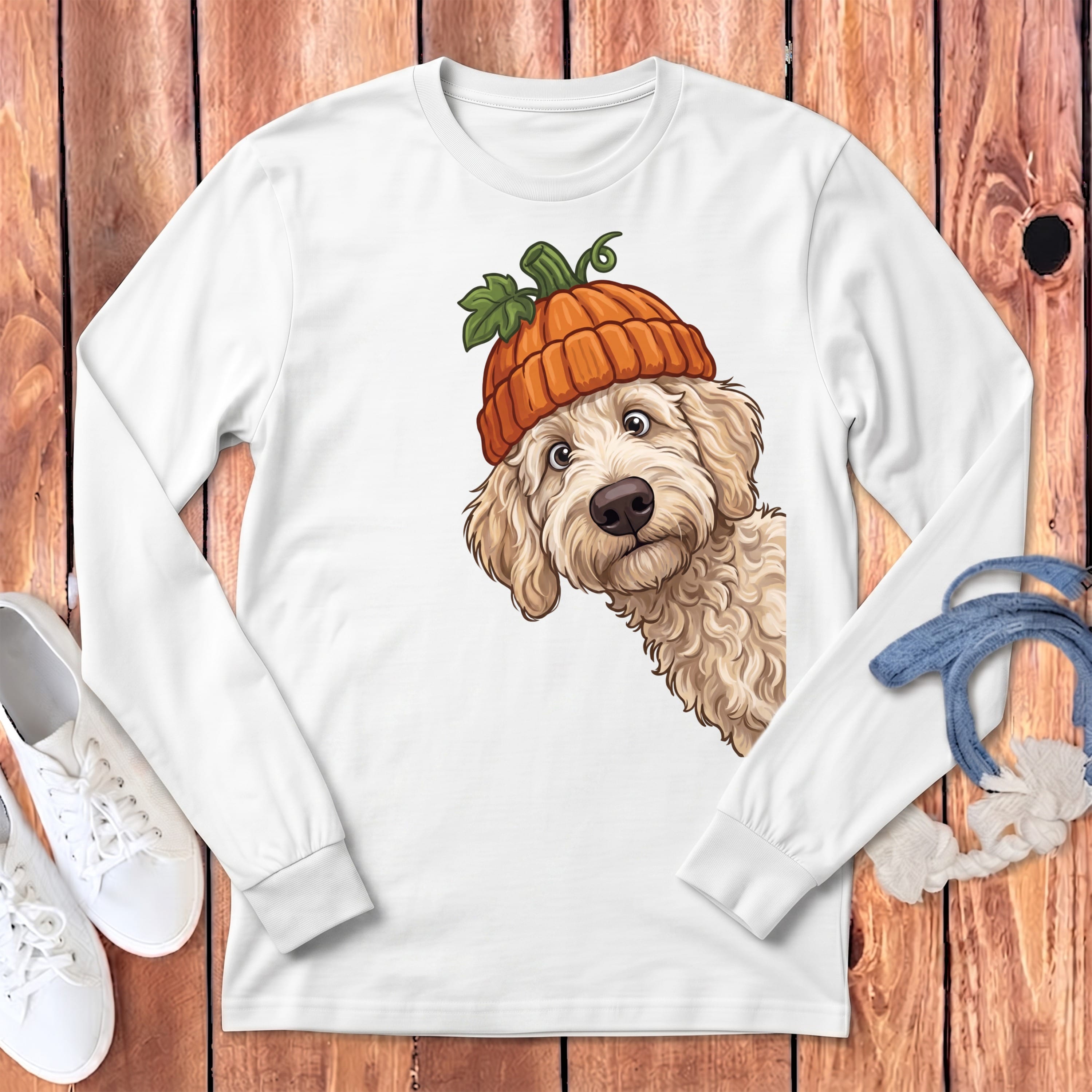 Lil Pumpkin Cream Goldendoodle Long Sleeve T-Shirt in White / S by Puppy Jo