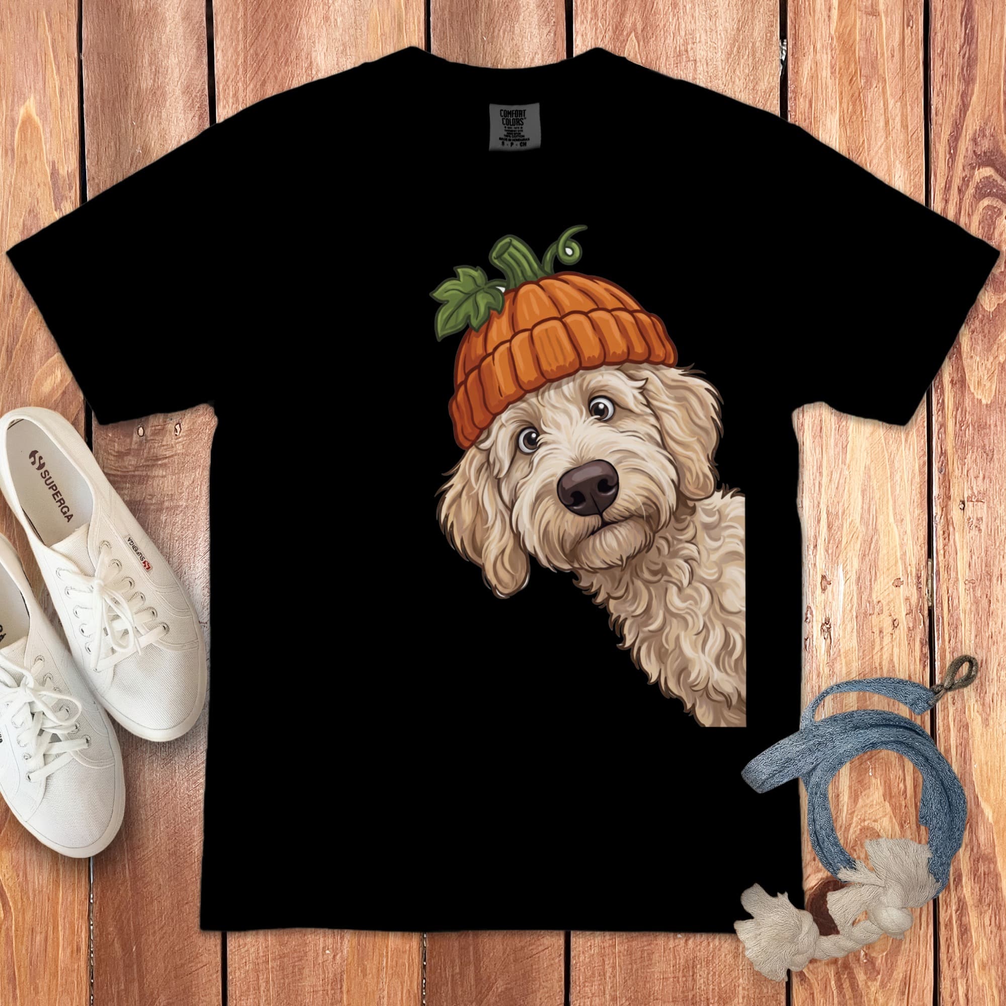 Lil Pumpkin Cream Goldendoodle Signature T-Shirt in Black / S / T-Shirts by Puppy Jo