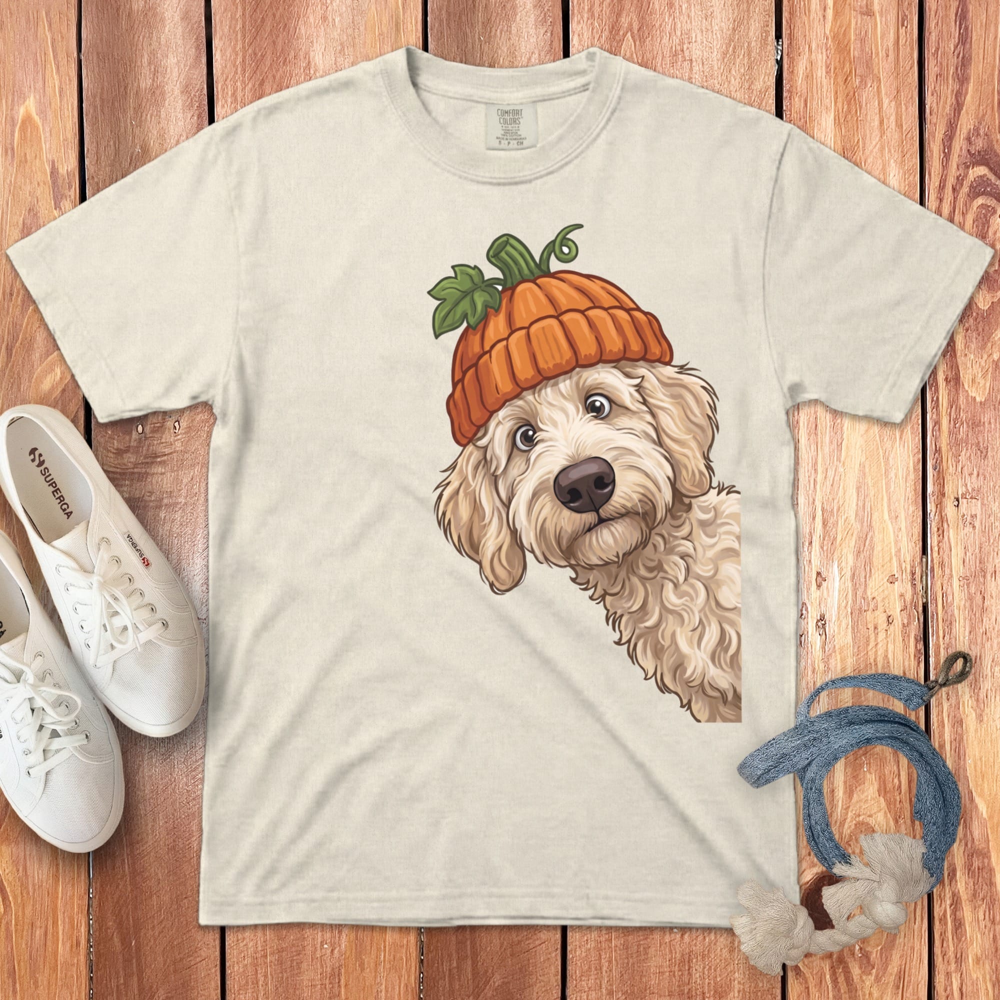 Lil Pumpkin Cream Goldendoodle Signature T-Shirt in Ivory / S / T-Shirts by Puppy Jo