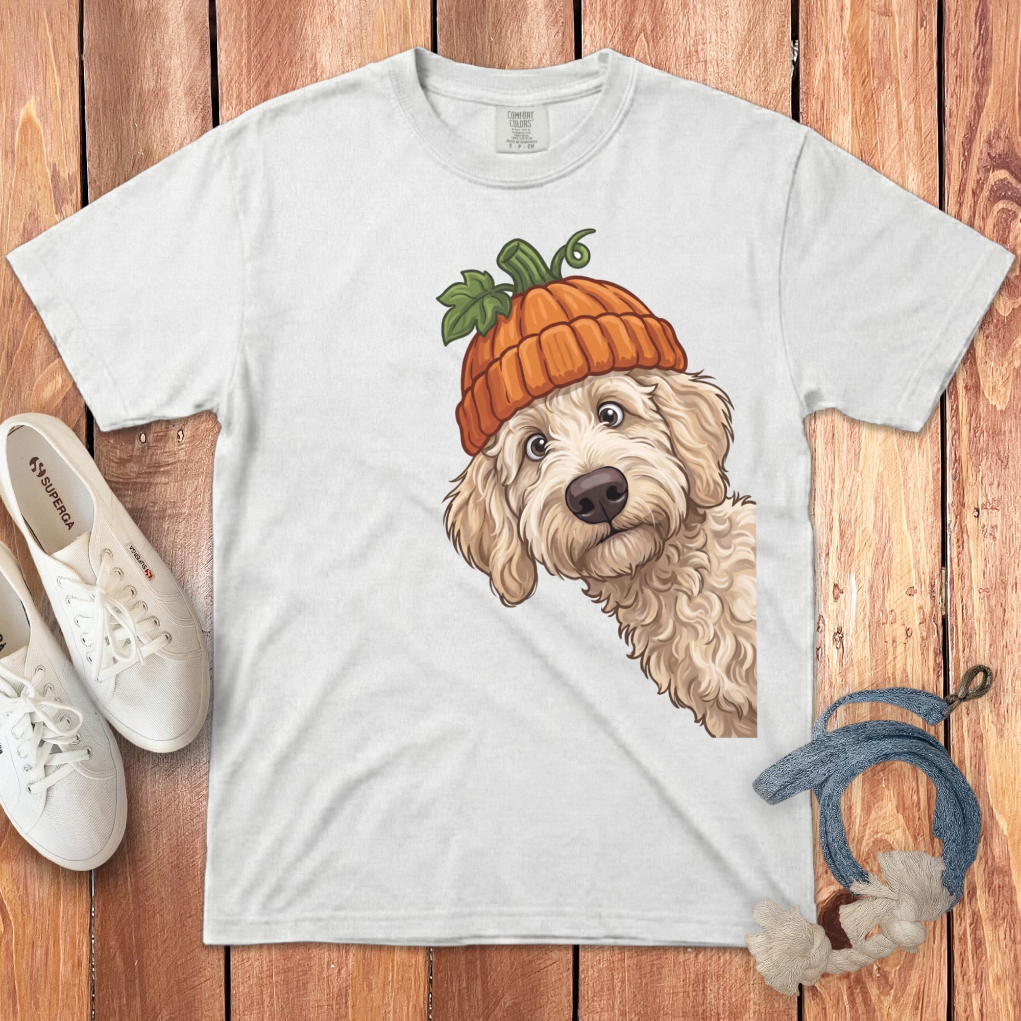 Lil Pumpkin Cream Goldendoodle Signature T-Shirt in White / S / T-Shirts by Puppy Jo
