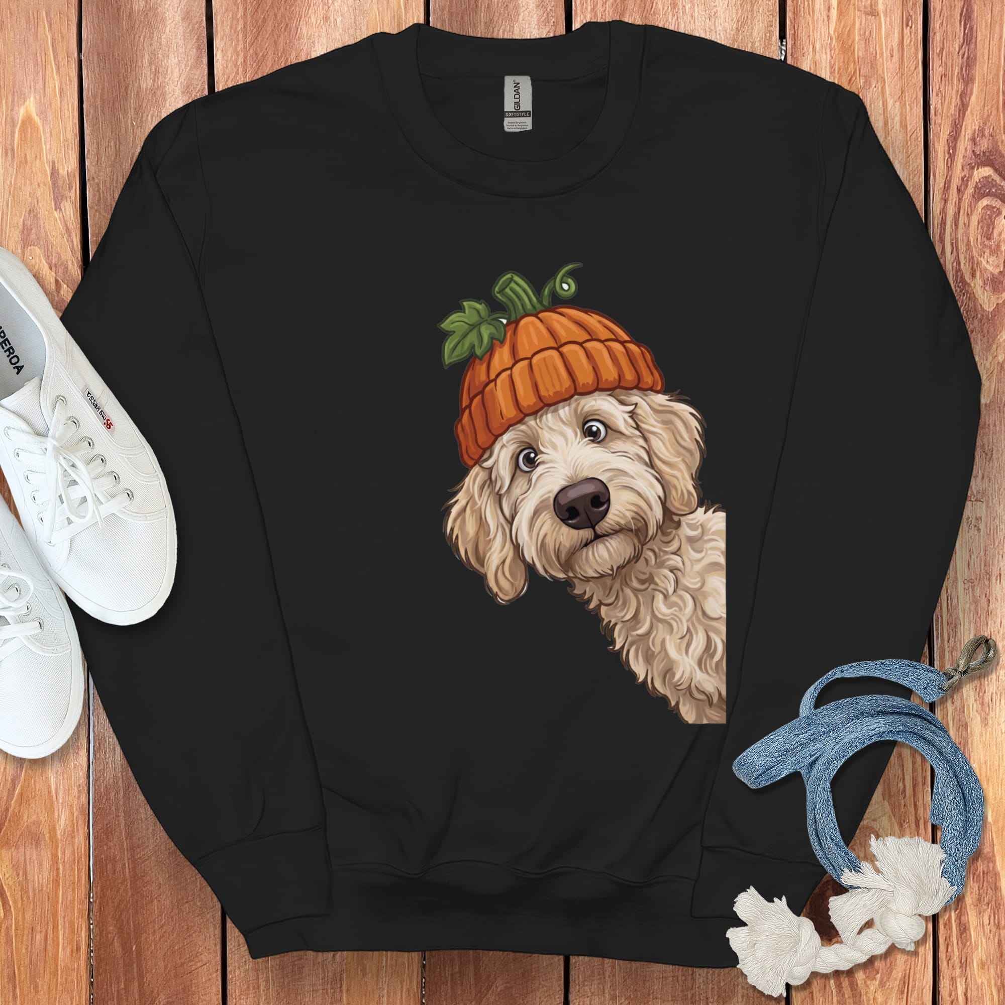 Lil Pumpkin Cream Goldendoodle Sweatshirt in Black / S by Puppy Jo