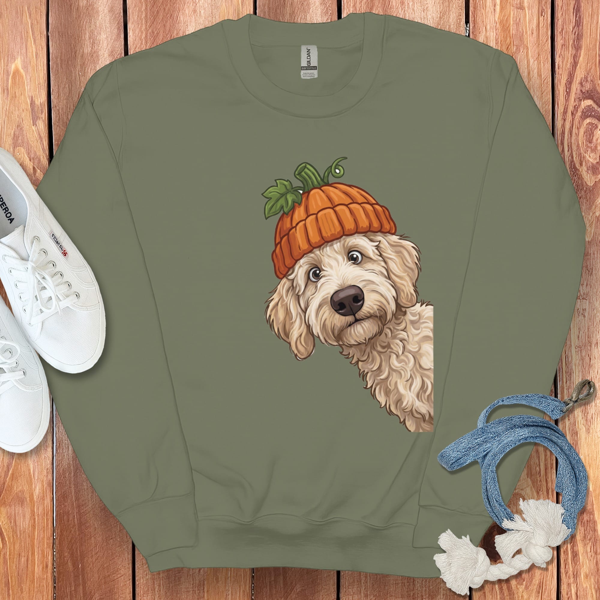 Lil Pumpkin Cream Goldendoodle Sweatshirt in Military Green / S by Puppy Jo