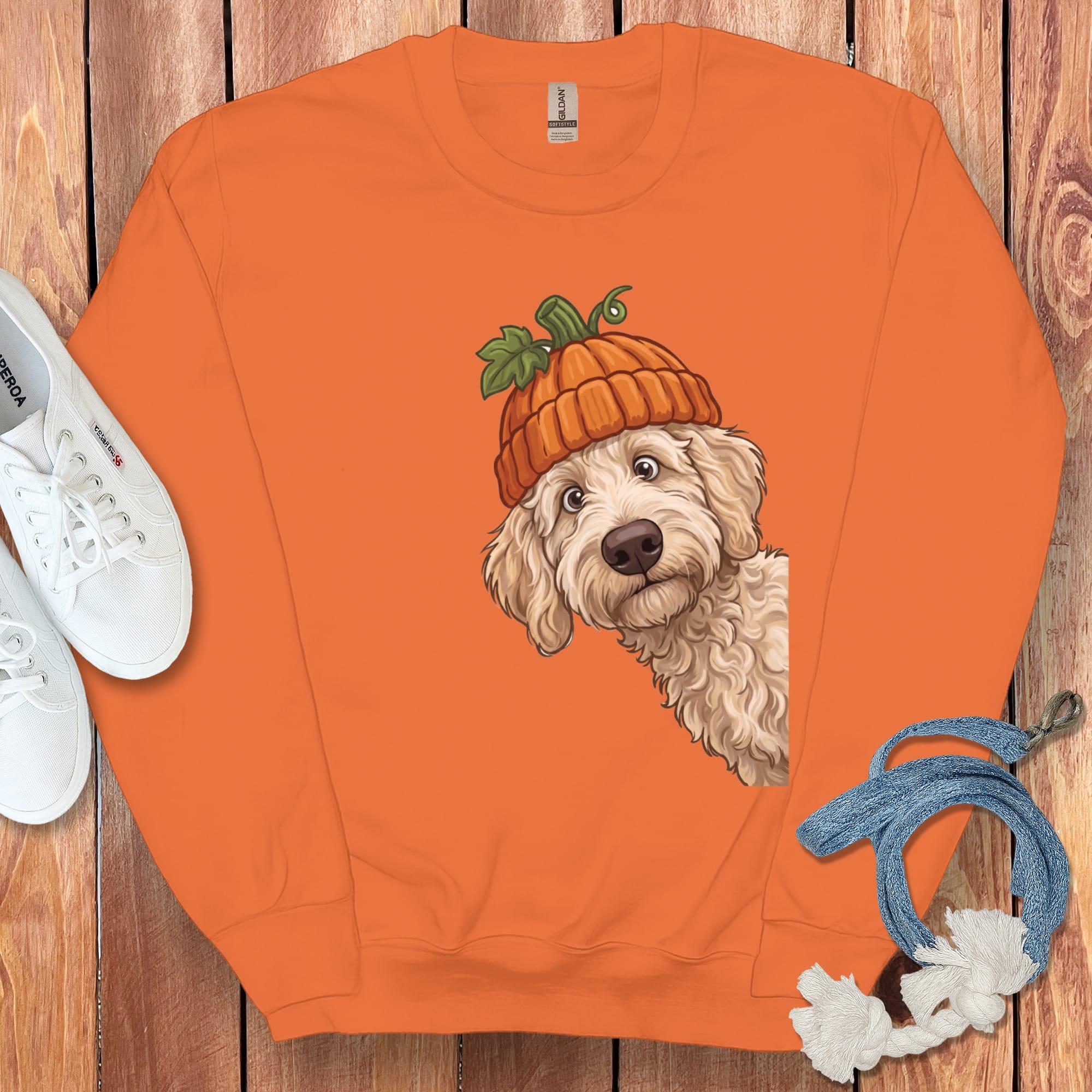 Lil Pumpkin Cream Goldendoodle Sweatshirt in Orange / M by Puppy Jo