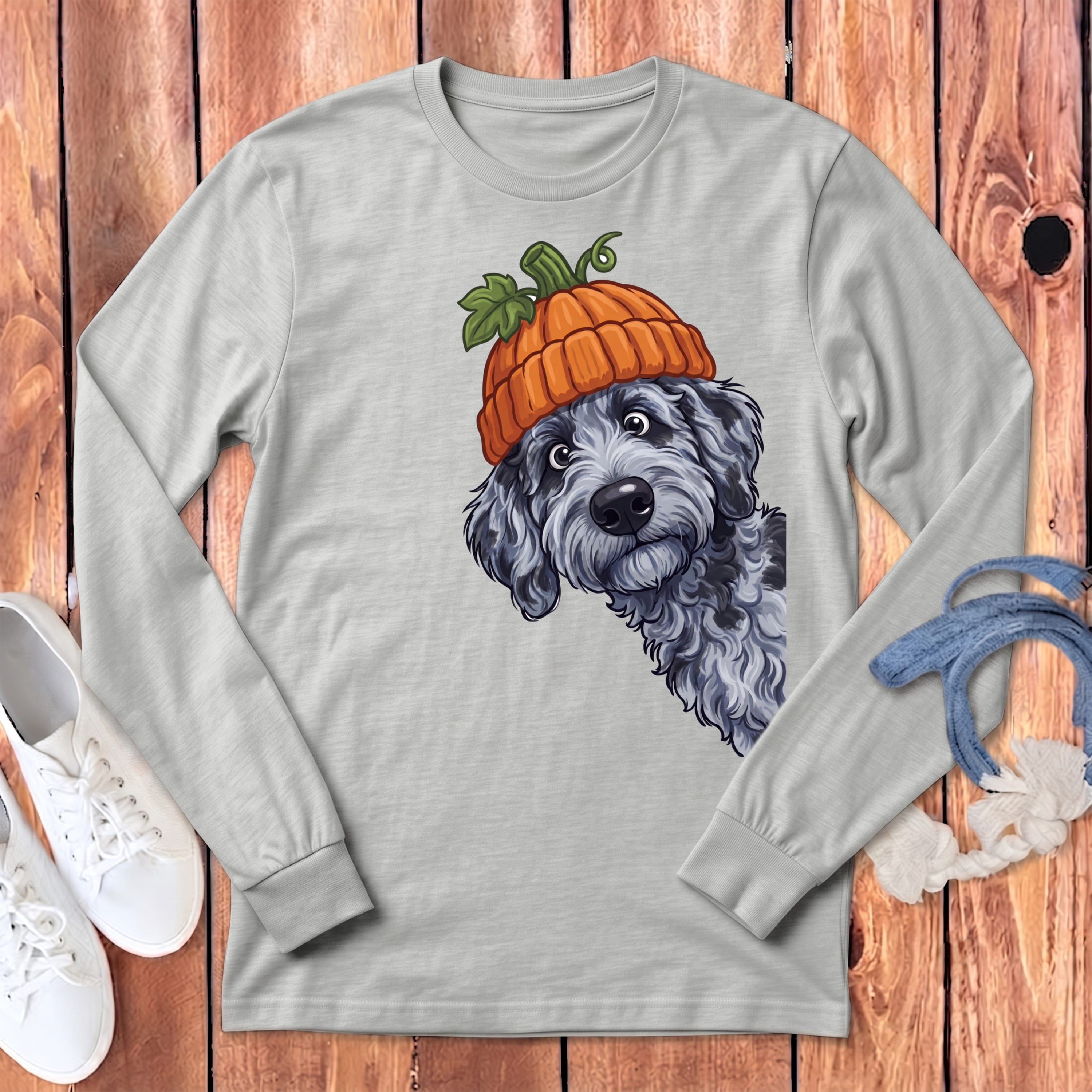 Lil Pumpkin Merle Goldendoodle Long Sleeve T-Shirt in Athletic Heather / M by Puppy Jo