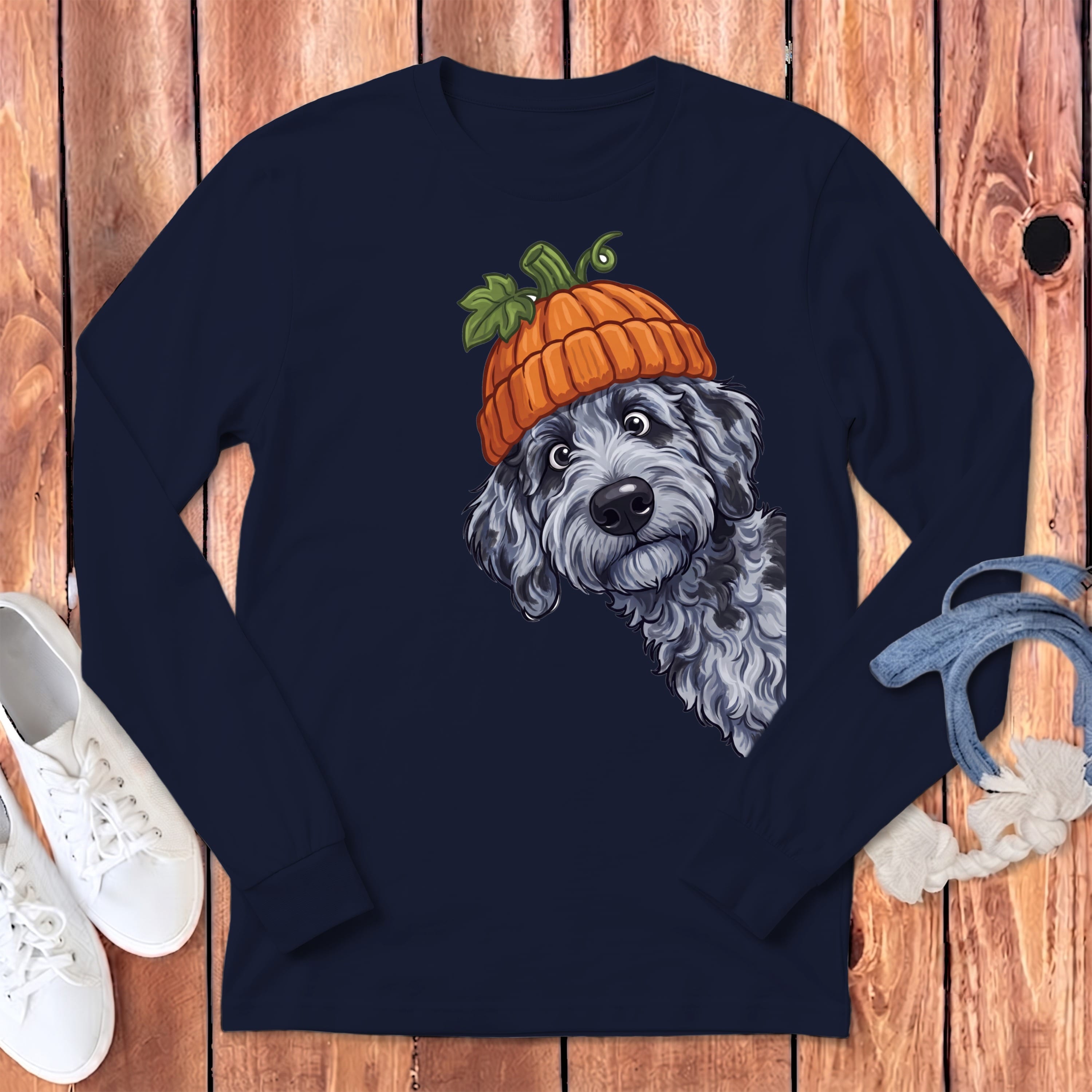 Lil Pumpkin Merle Goldendoodle Long Sleeve T-Shirt in Navy / S by Puppy Jo
