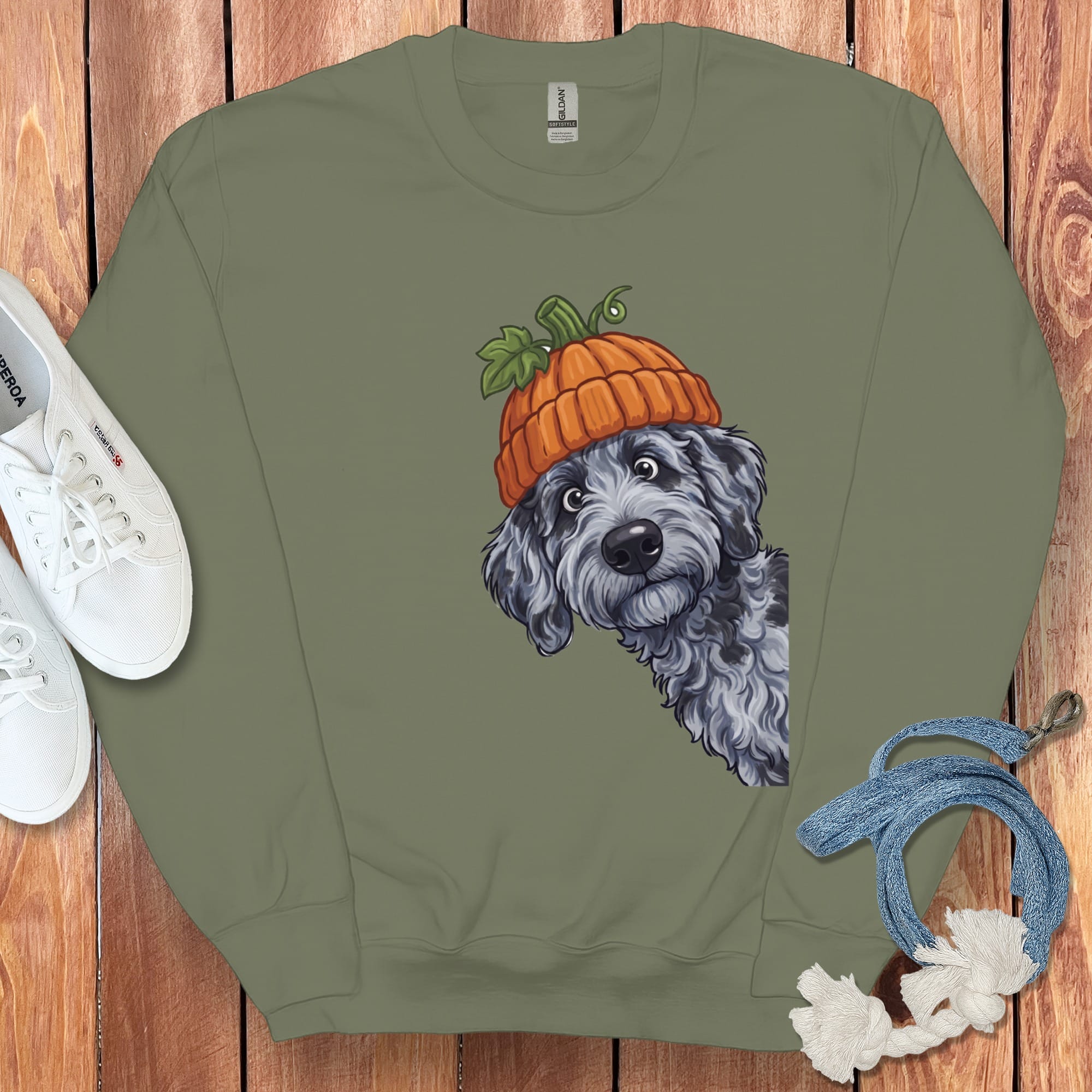 Lil Pumpkin Merle Goldendoodle Sweatshirt in Military Green / S by Puppy Jo