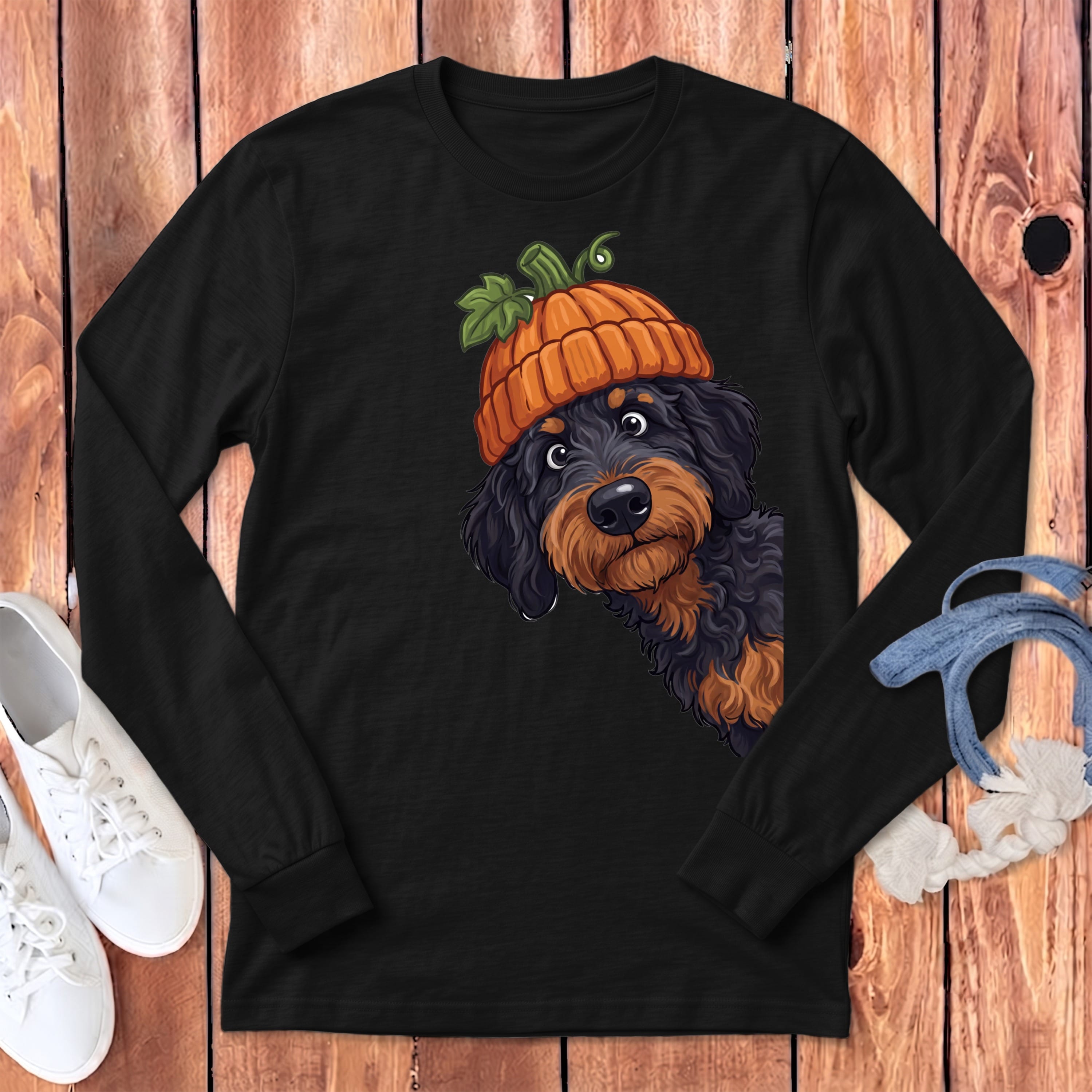 Lil Pumpkin Phantom Goldendoodle Long Sleeve T-Shirt in Dark Grey Heather / S by Puppy Jo