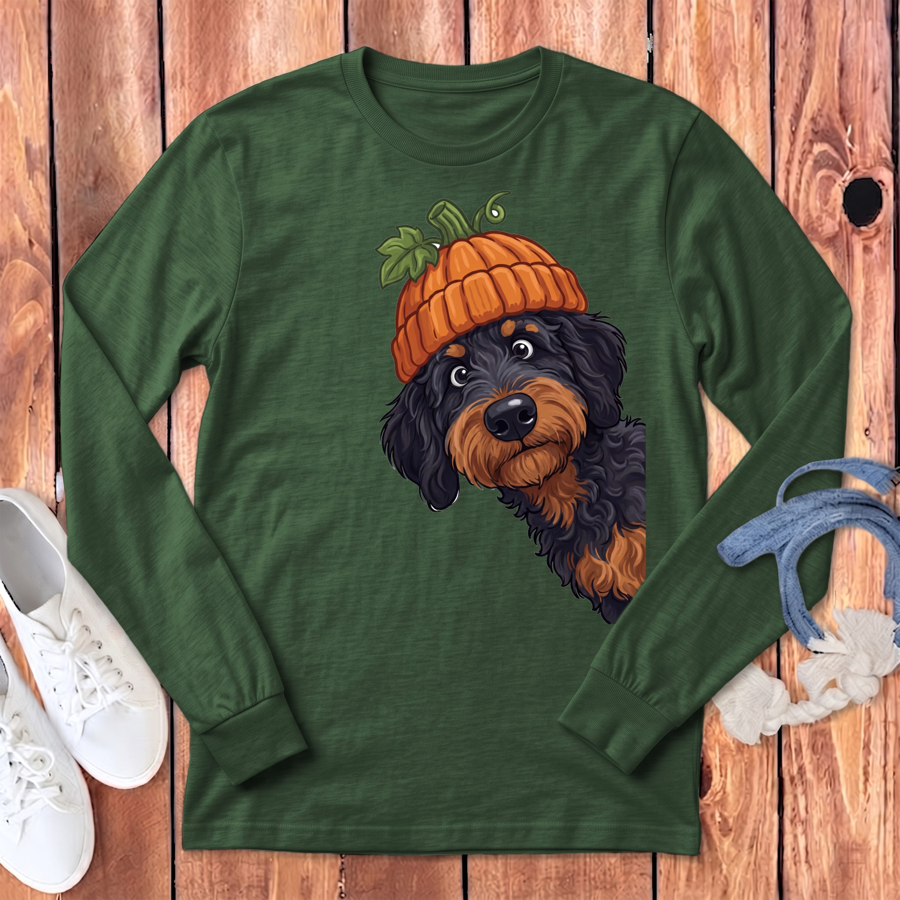 Lil Pumpkin Phantom Goldendoodle Long Sleeve T-Shirt in Heather Forest / S by Puppy Jo