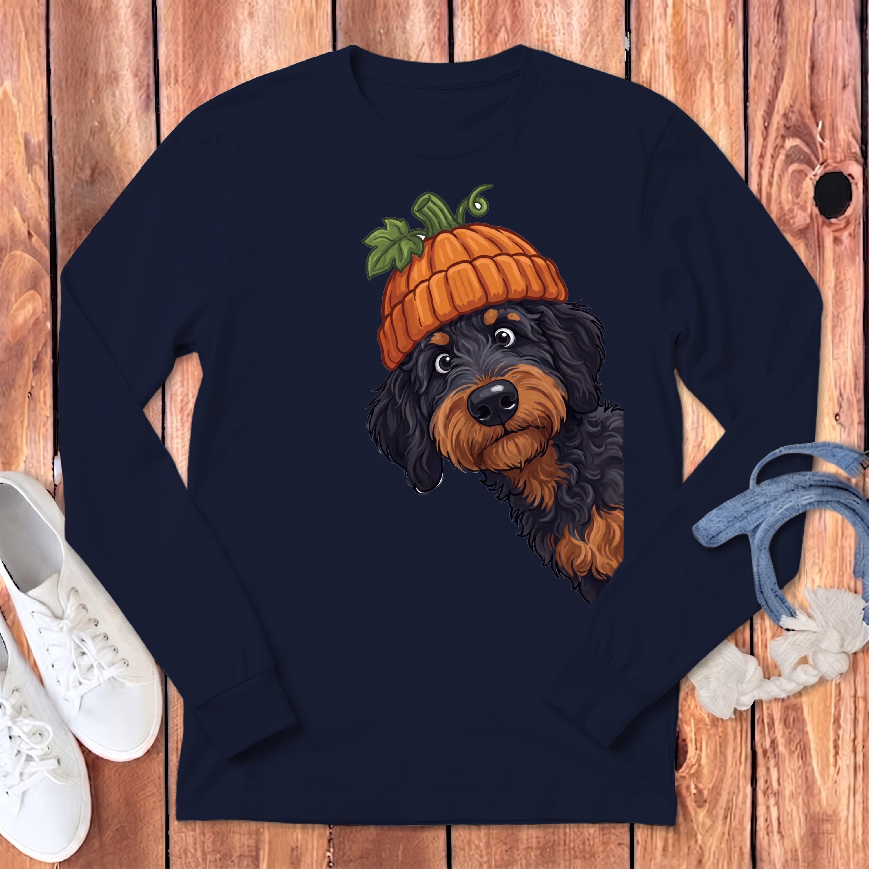 Lil Pumpkin Phantom Goldendoodle Long Sleeve T-Shirt in Navy / S by Puppy Jo