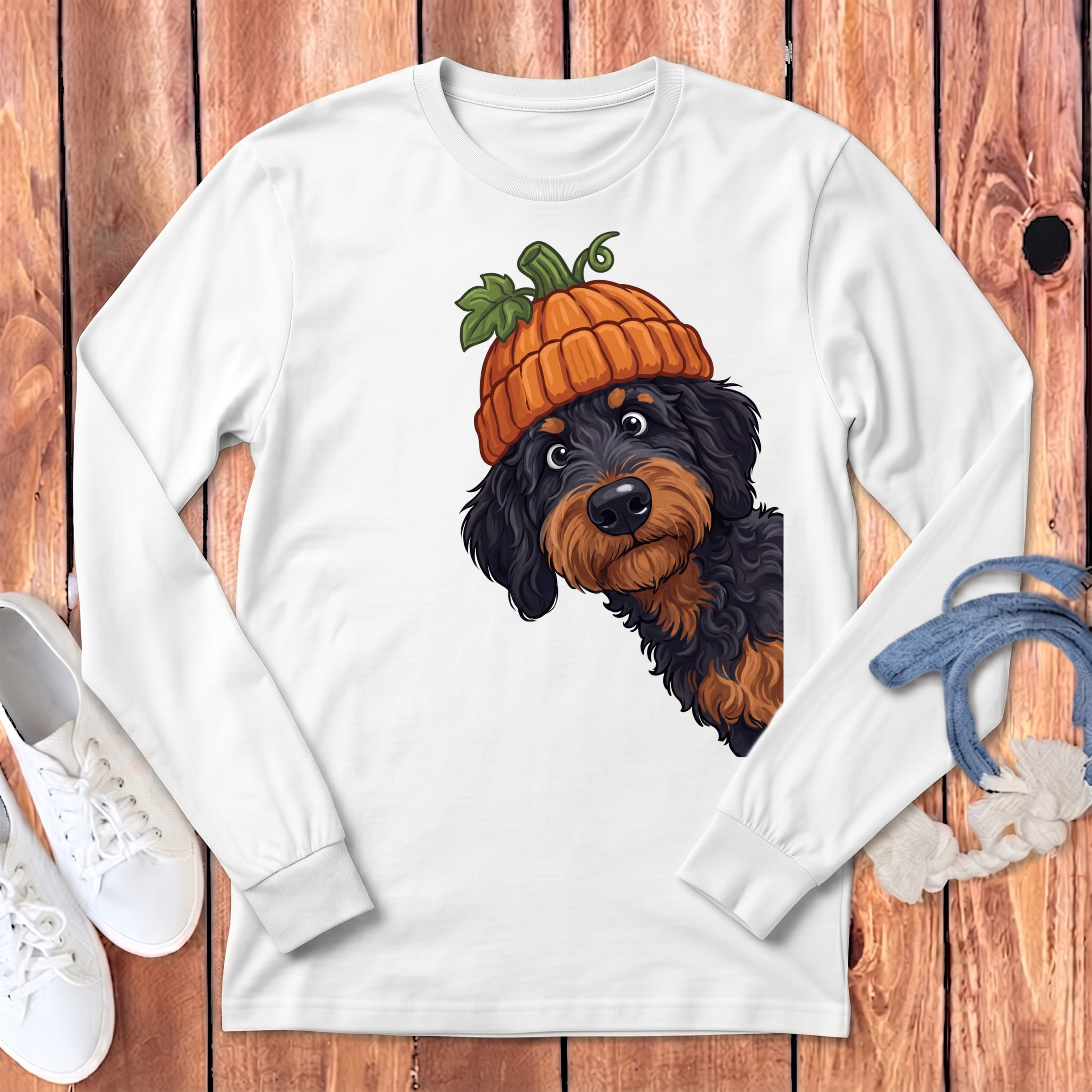 Lil Pumpkin Phantom Goldendoodle Long Sleeve T-Shirt in White / S by Puppy Jo