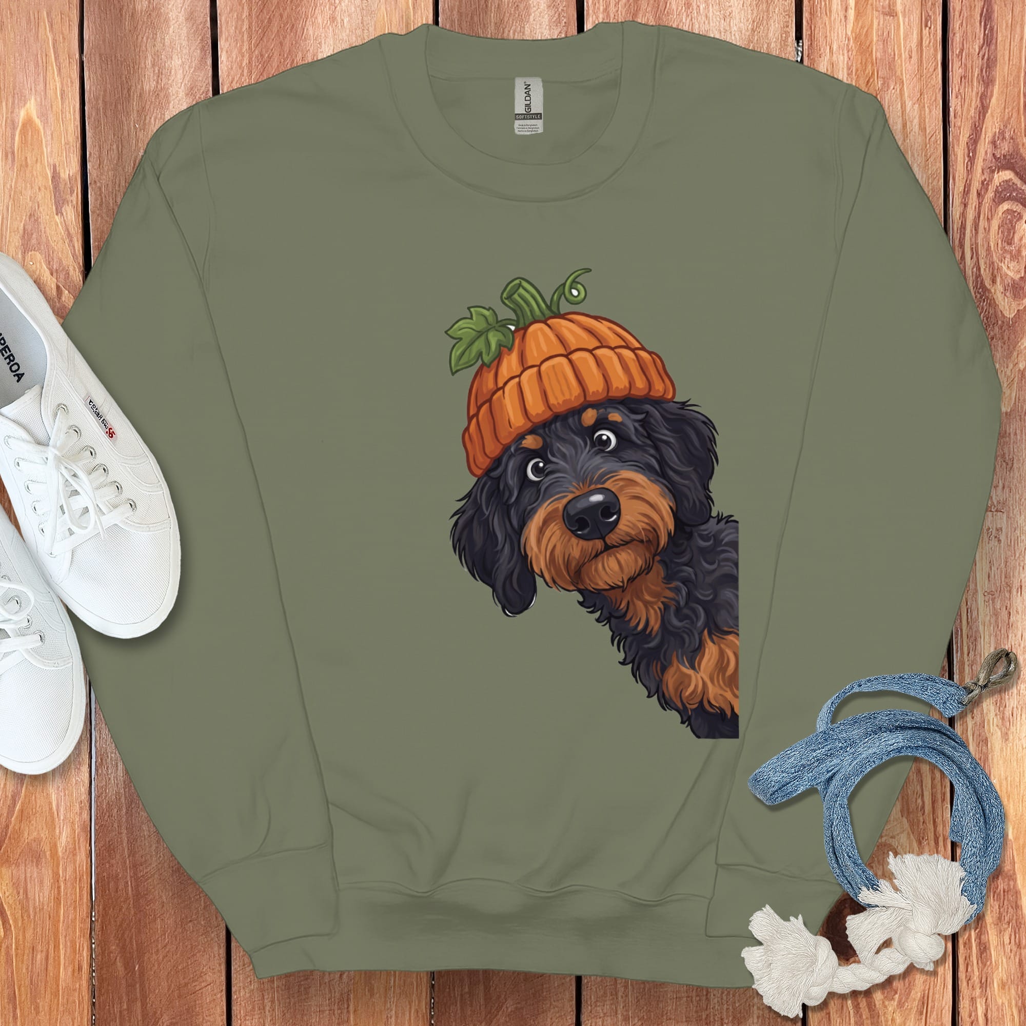 Lil Pumpkin Phantom Goldendoodle Sweatshirt in Military Green / S by Puppy Jo