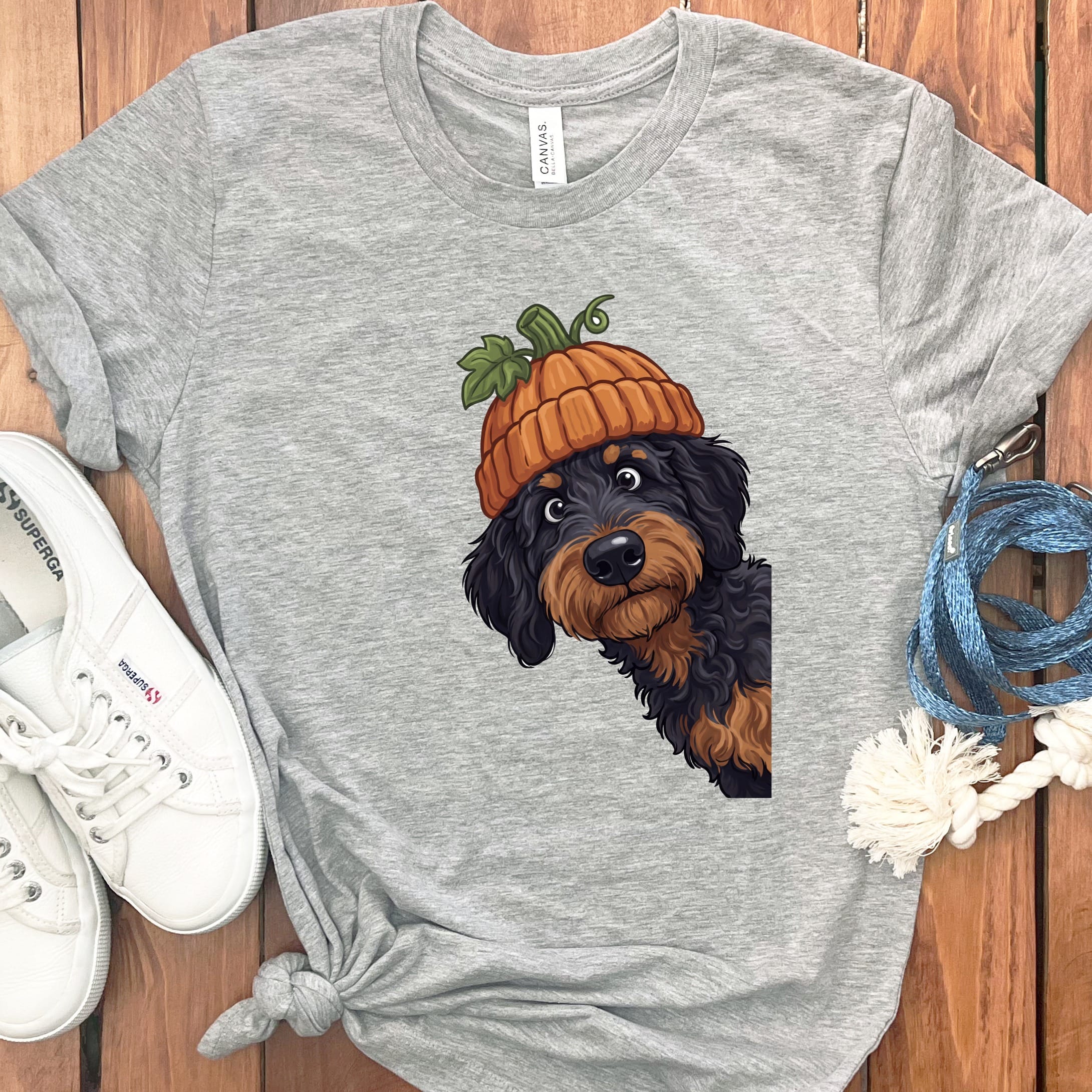 Lil Pumpkin Phantom Goldendoodle T-Shirt in Athletic Heather / S by Puppy Jo