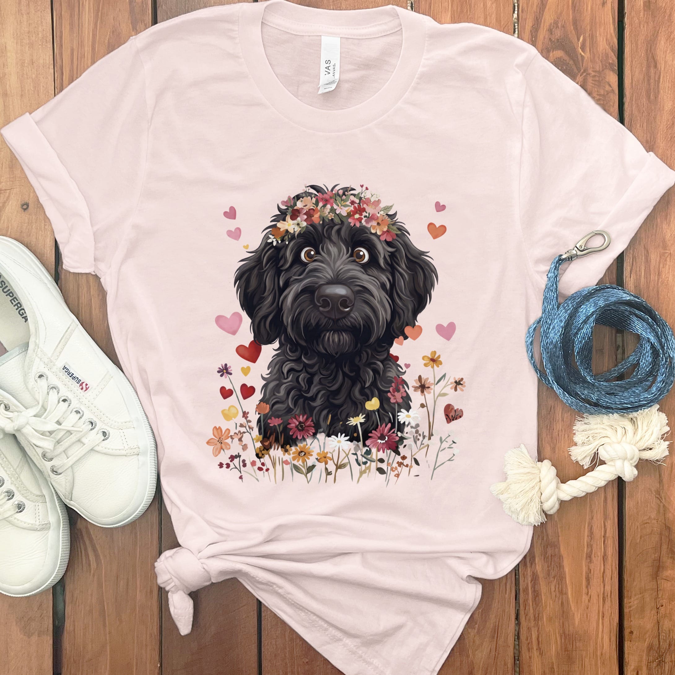 Lovable Black Goldendoodle T-Shirt in Soft Pink / S by Puppy Jo