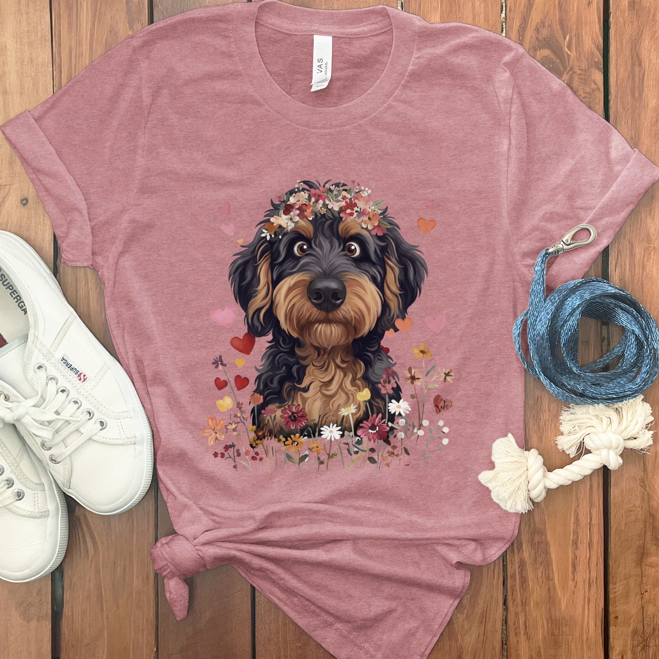 Lovable Phantom Goldendoodle T-Shirt in Heather Mauve / S by Puppy Jo