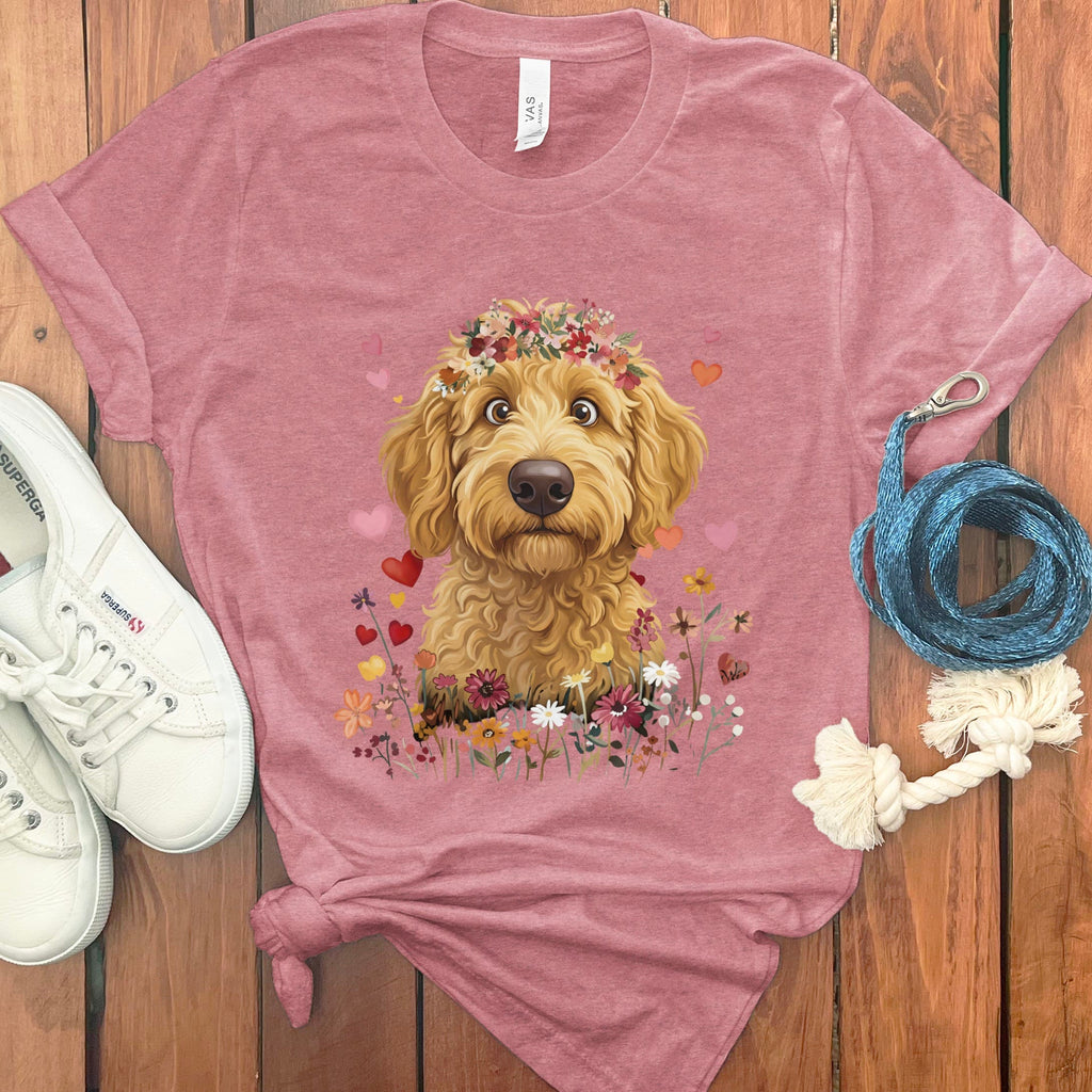 Loveable Apricot Goldendoodle T-Shirt in Heather Mauve / S by Puppy Jo