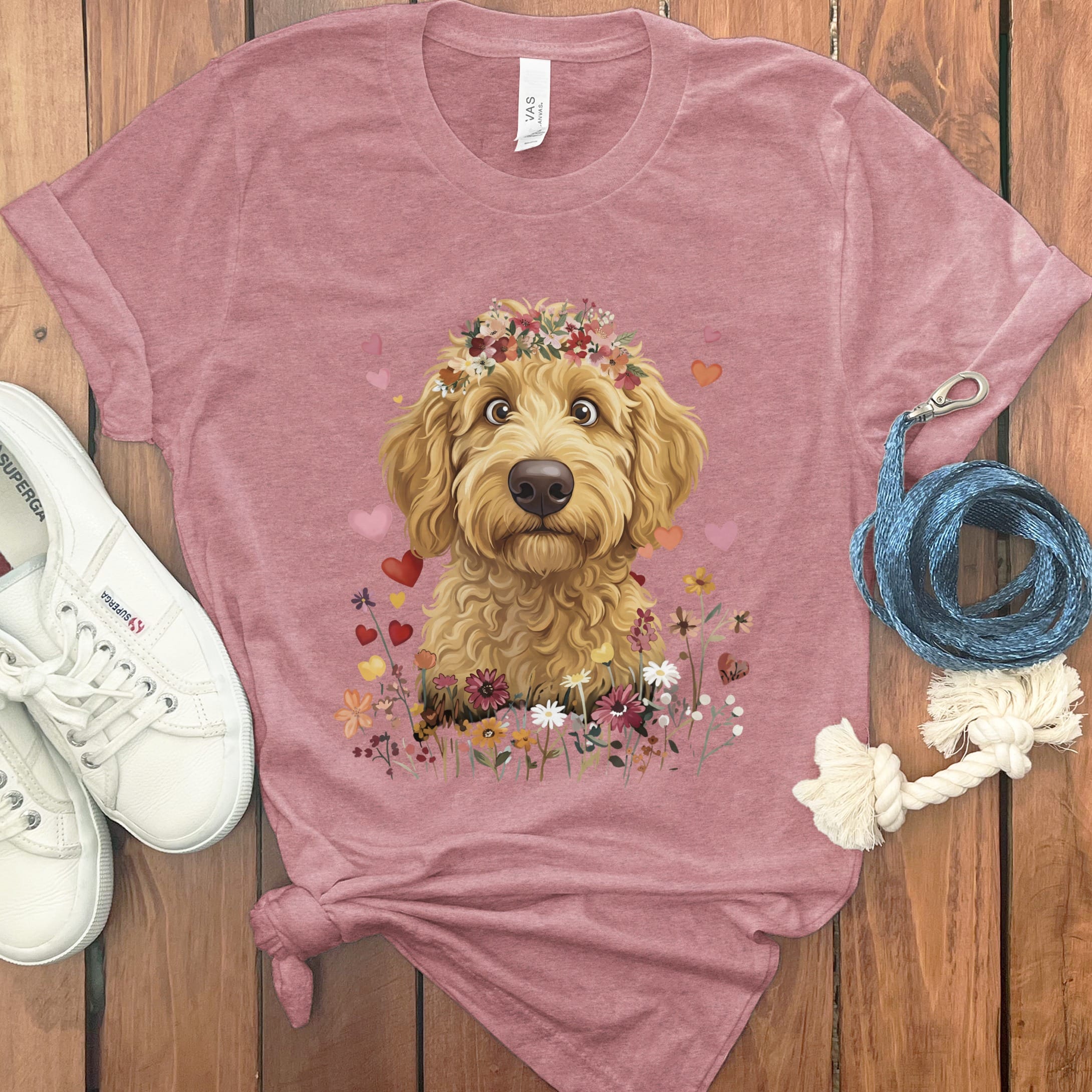 Loveable Apricot Goldendoodle T-Shirt in Heather Mauve / S by Puppy Jo