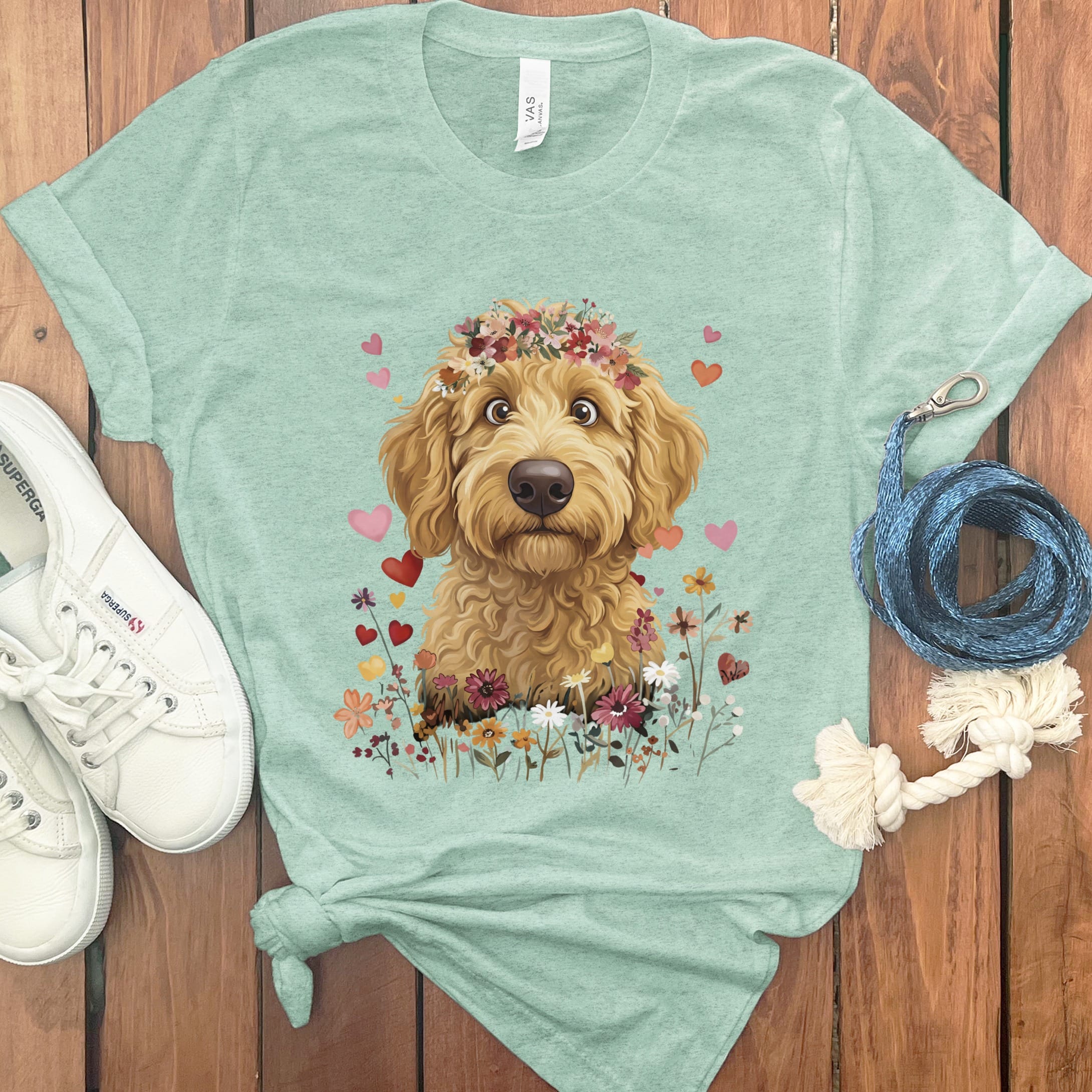Loveable Apricot Goldendoodle T-Shirt in Heather Mint / S by Puppy Jo