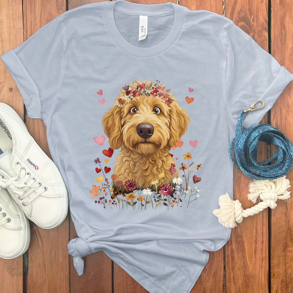 Loveable Apricot Goldendoodle T-Shirt in Light Blue / S by Puppy Jo