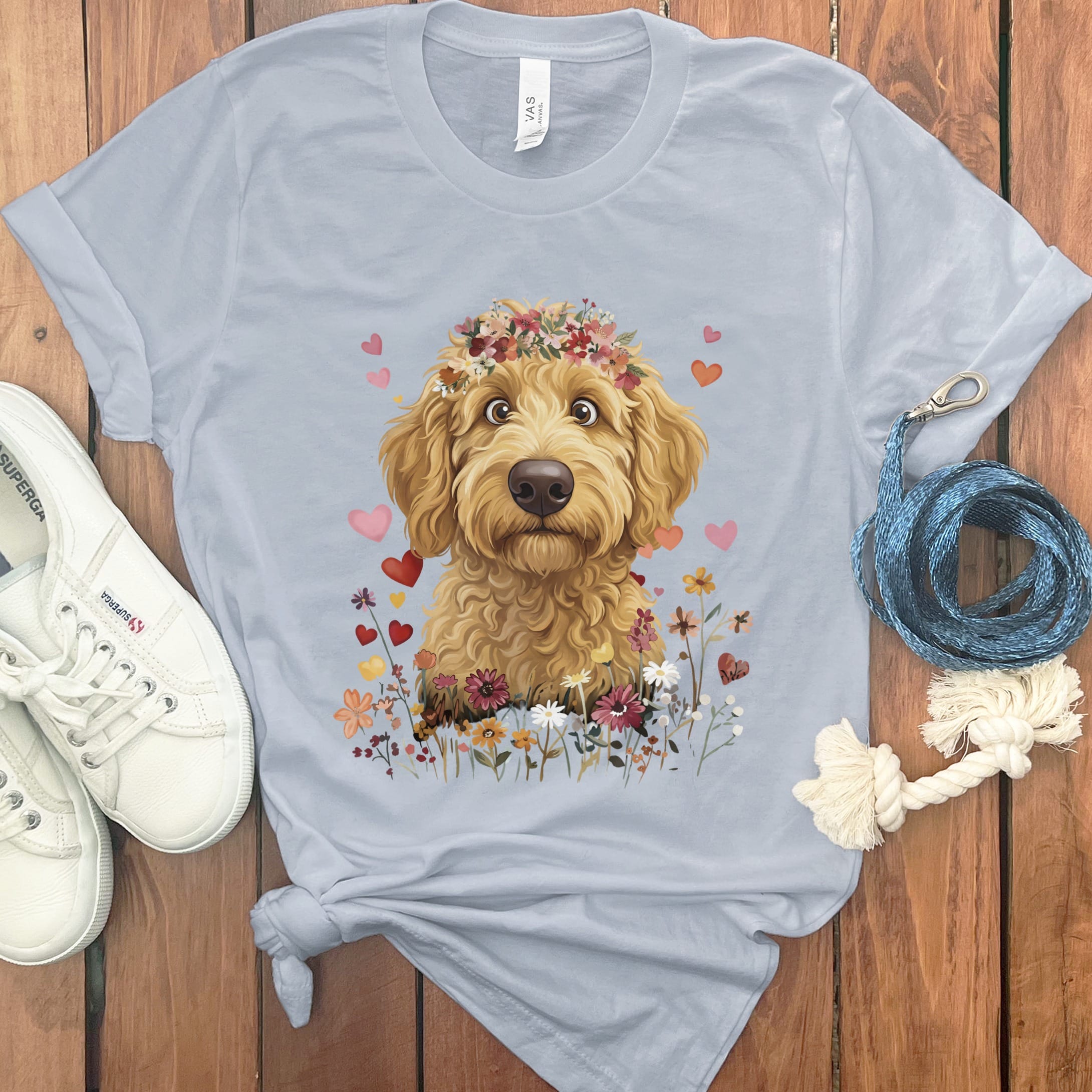 Loveable Apricot Goldendoodle T-Shirt in Light Blue / S by Puppy Jo