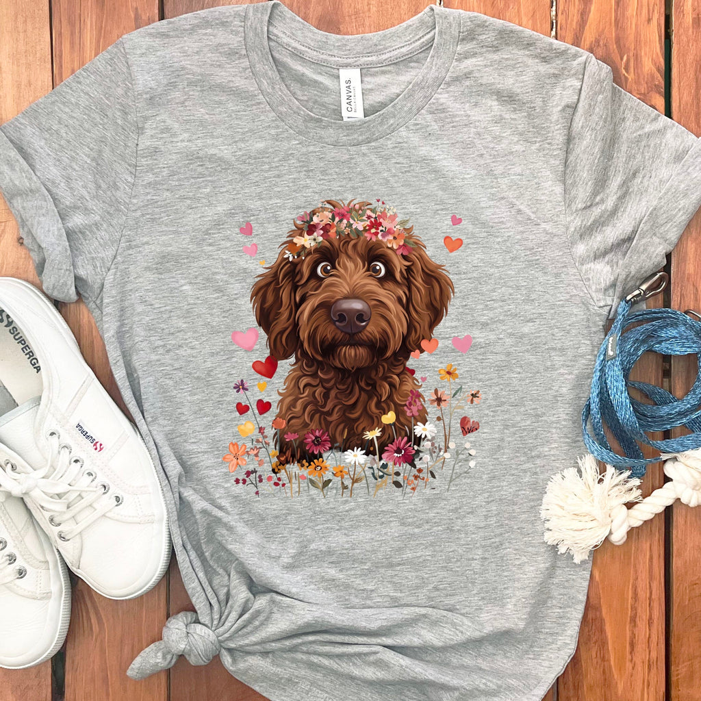 Loveable Chocolate Goldendoodle T-Shirt in Athletic Heather / S by Puppy Jo