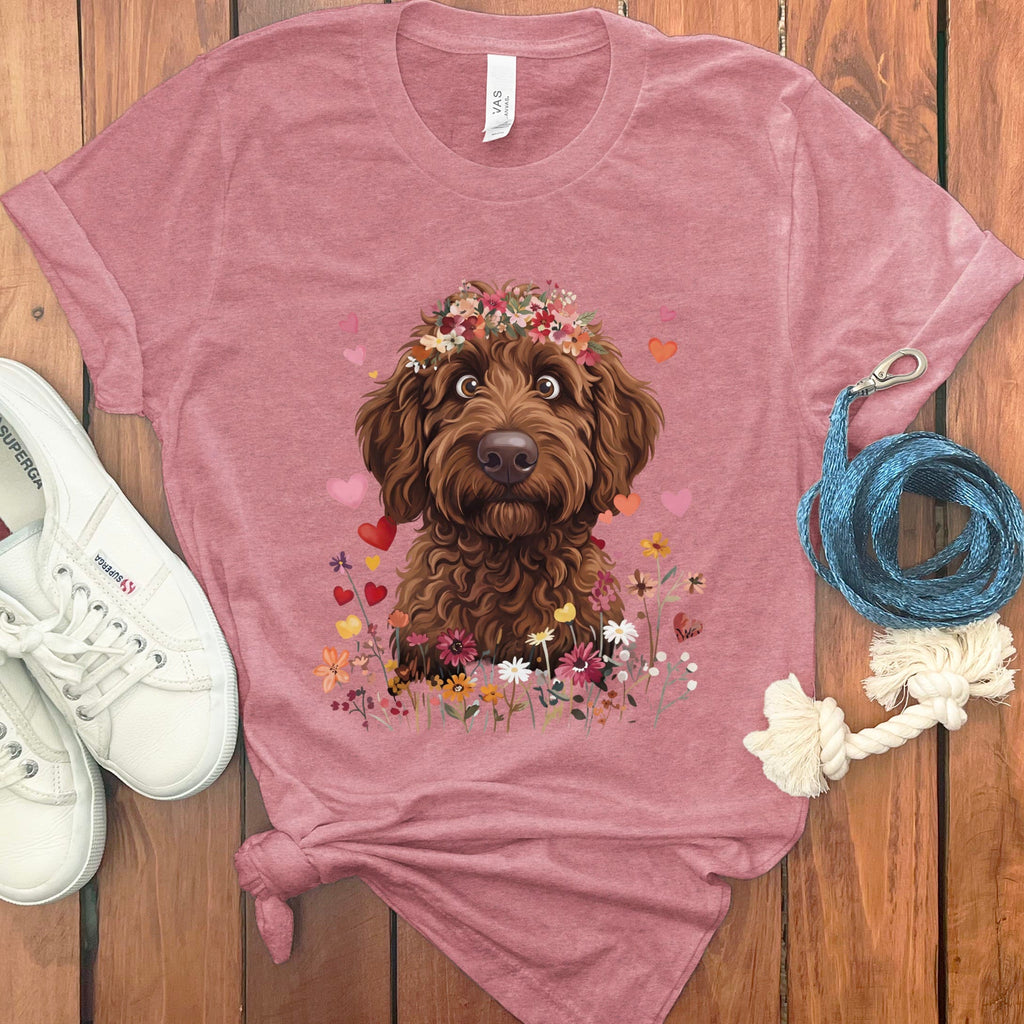 Loveable Chocolate Goldendoodle T-Shirt in Heather Mauve / S by Puppy Jo
