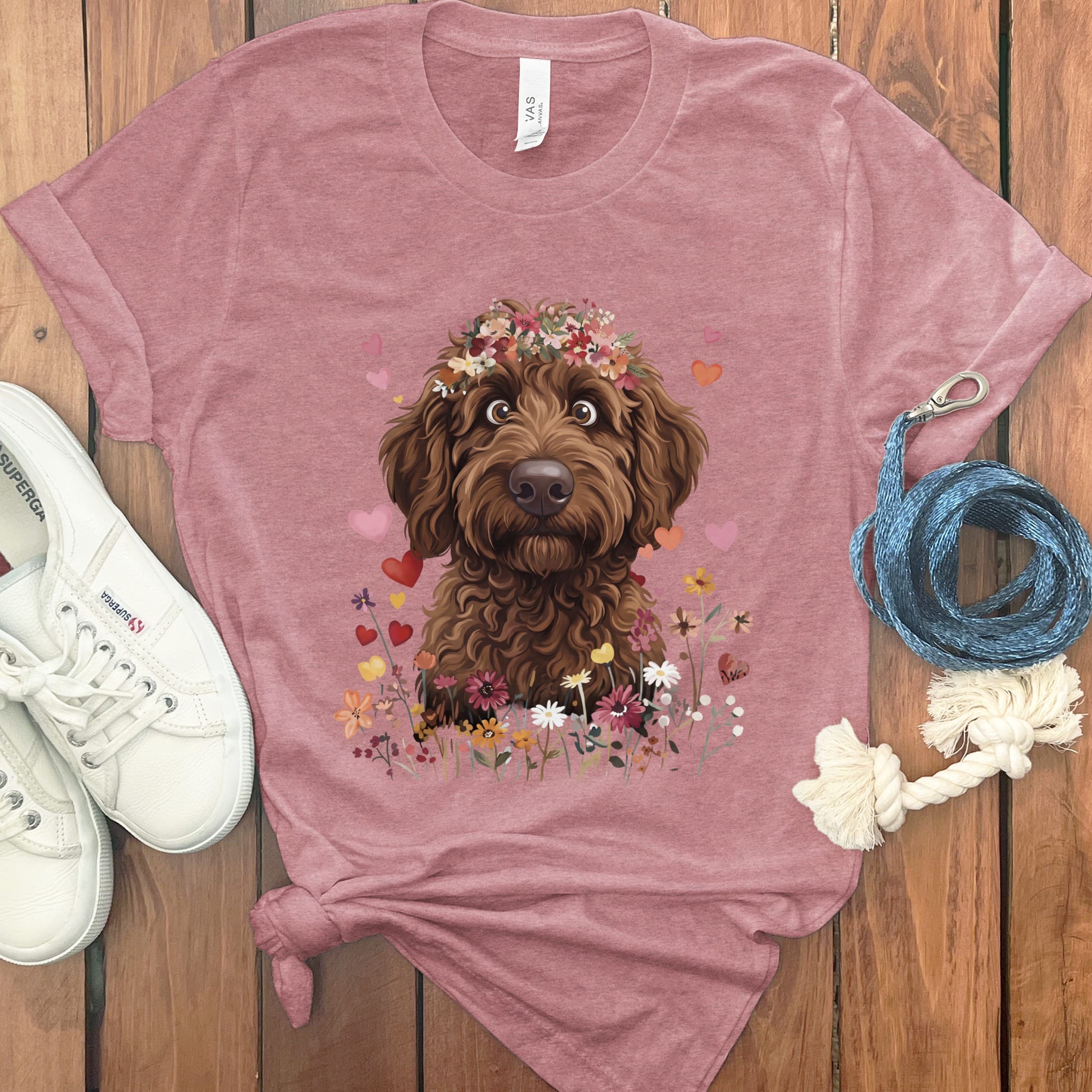 Loveable Chocolate Goldendoodle T-Shirt in Heather Mauve / S by Puppy Jo