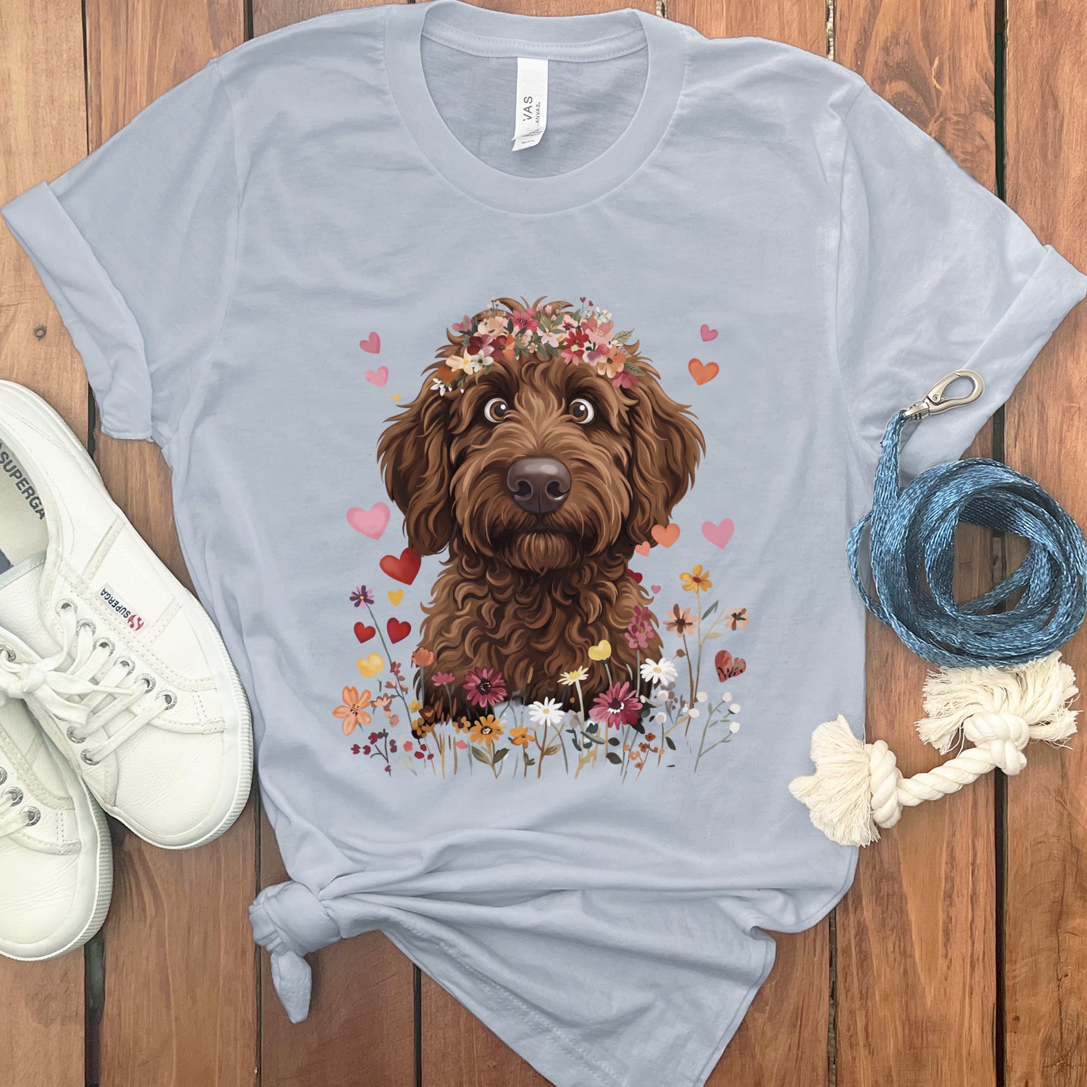 Loveable Chocolate Goldendoodle T-Shirt in Light Blue / S by Puppy Jo