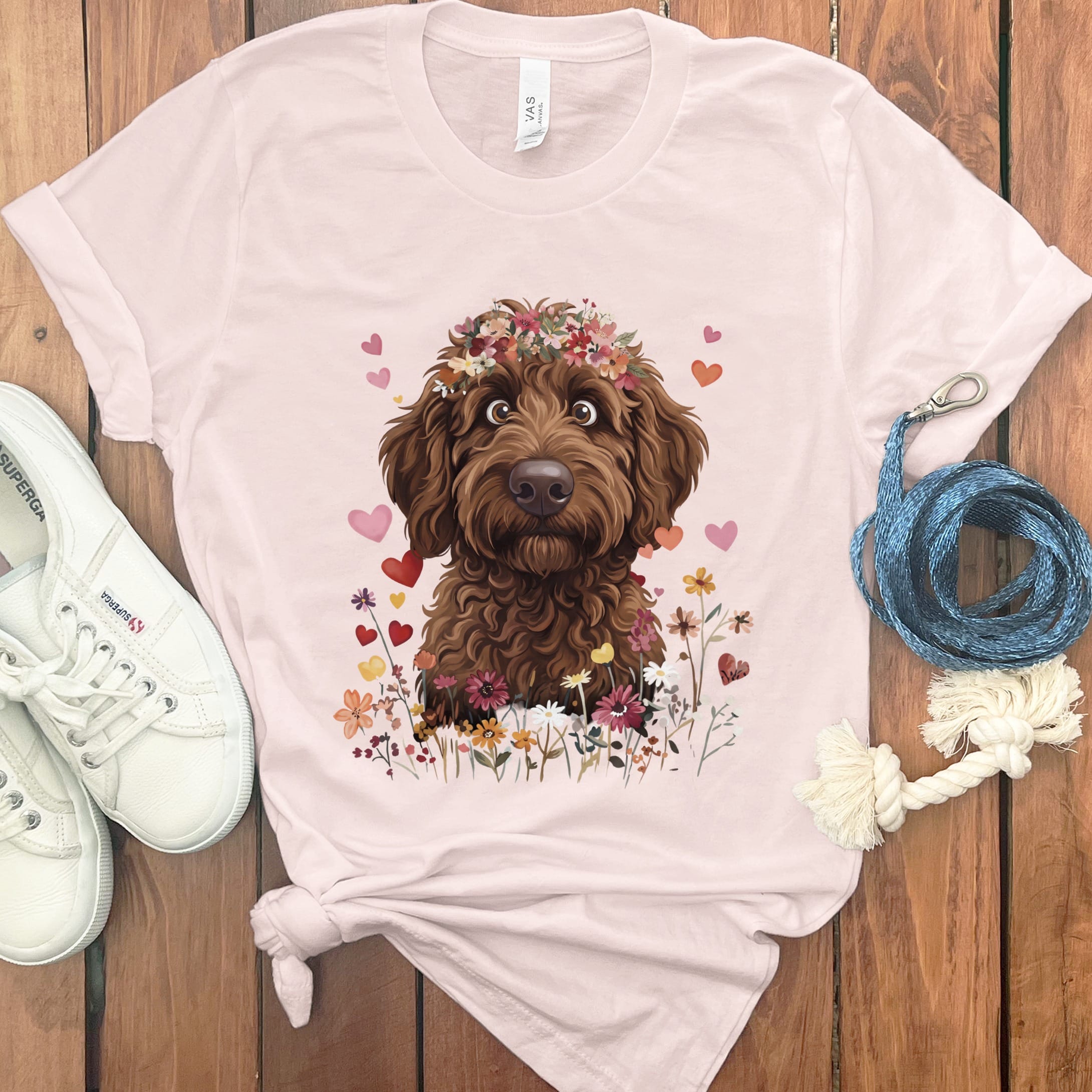 Loveable Chocolate Goldendoodle T-Shirt in Soft Pink / S by Puppy Jo