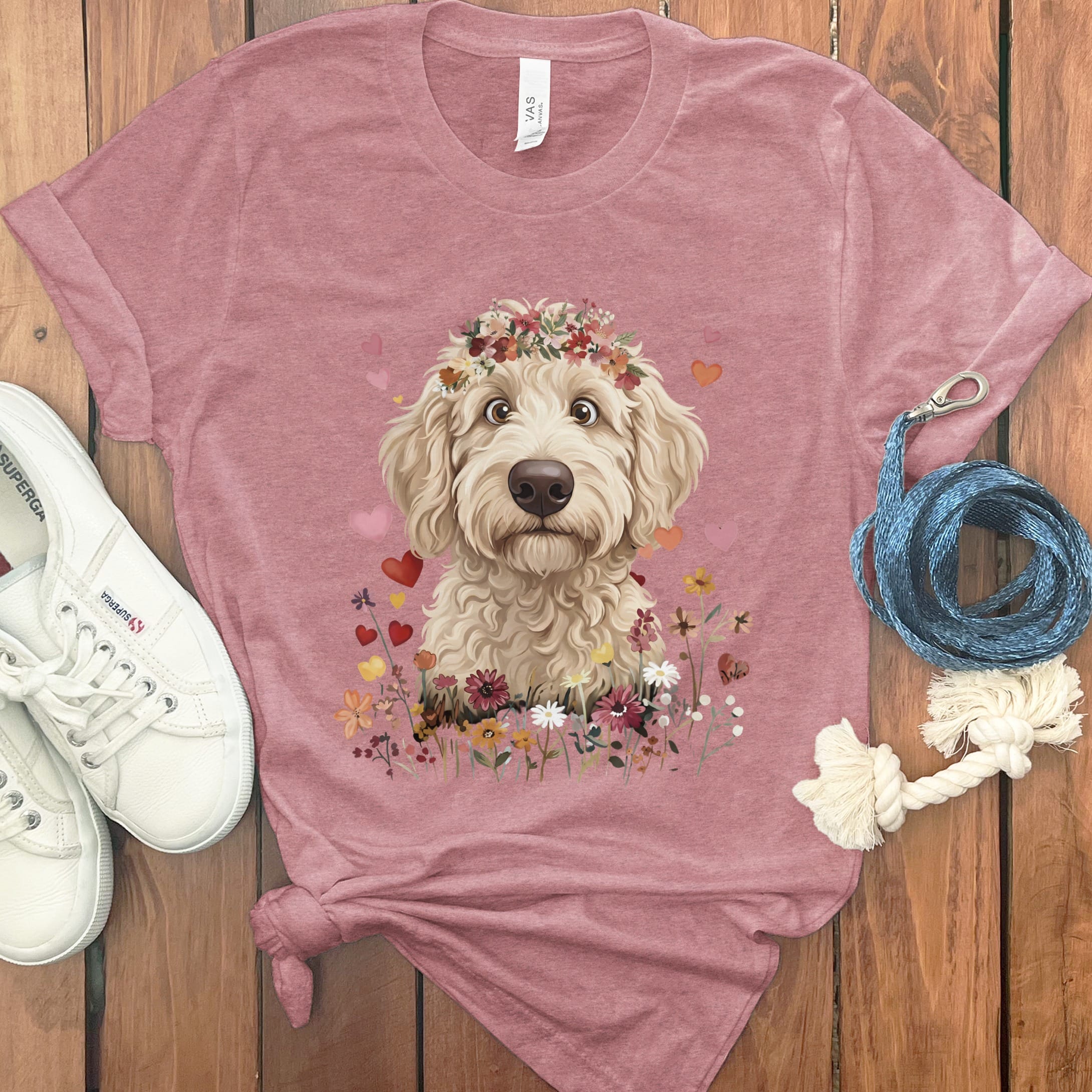 Loveable Cream Goldendoodle T-Shirt in Heather Mauve / S by Puppy Jo