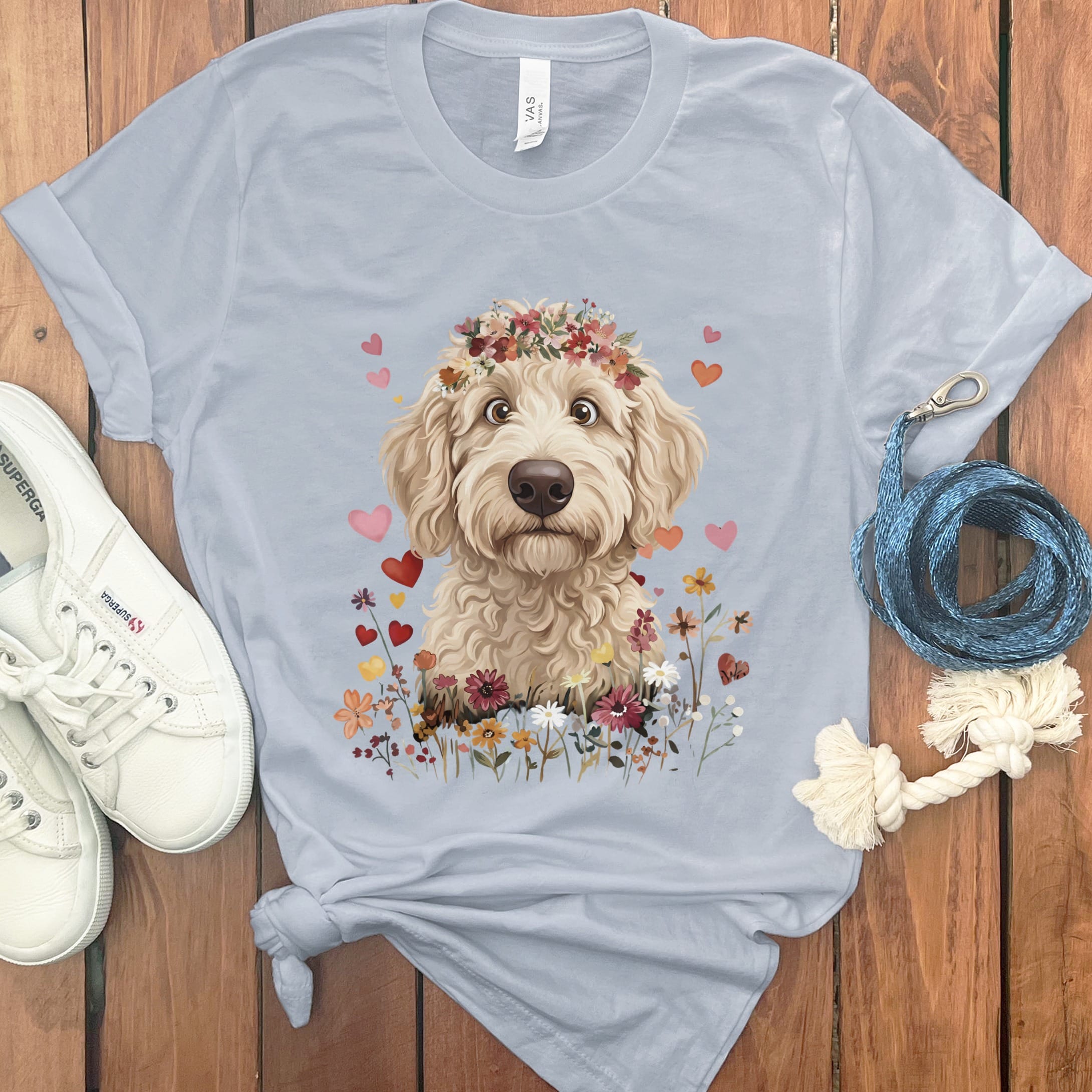 Loveable Cream Goldendoodle T-Shirt in Light Blue / S by Puppy Jo