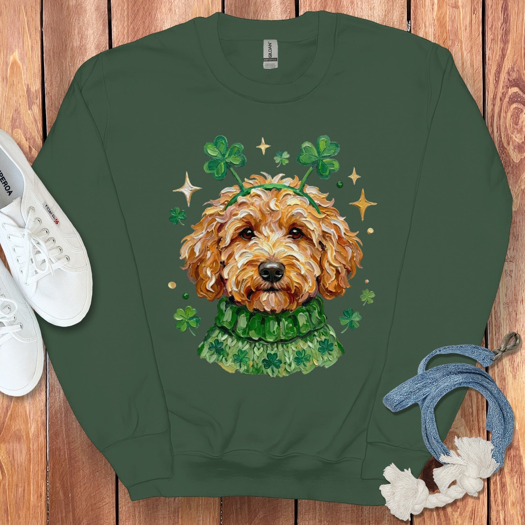 Lucky Apricot Goldendoodle Sweatshirt in Forest Green / S by Puppy Jo