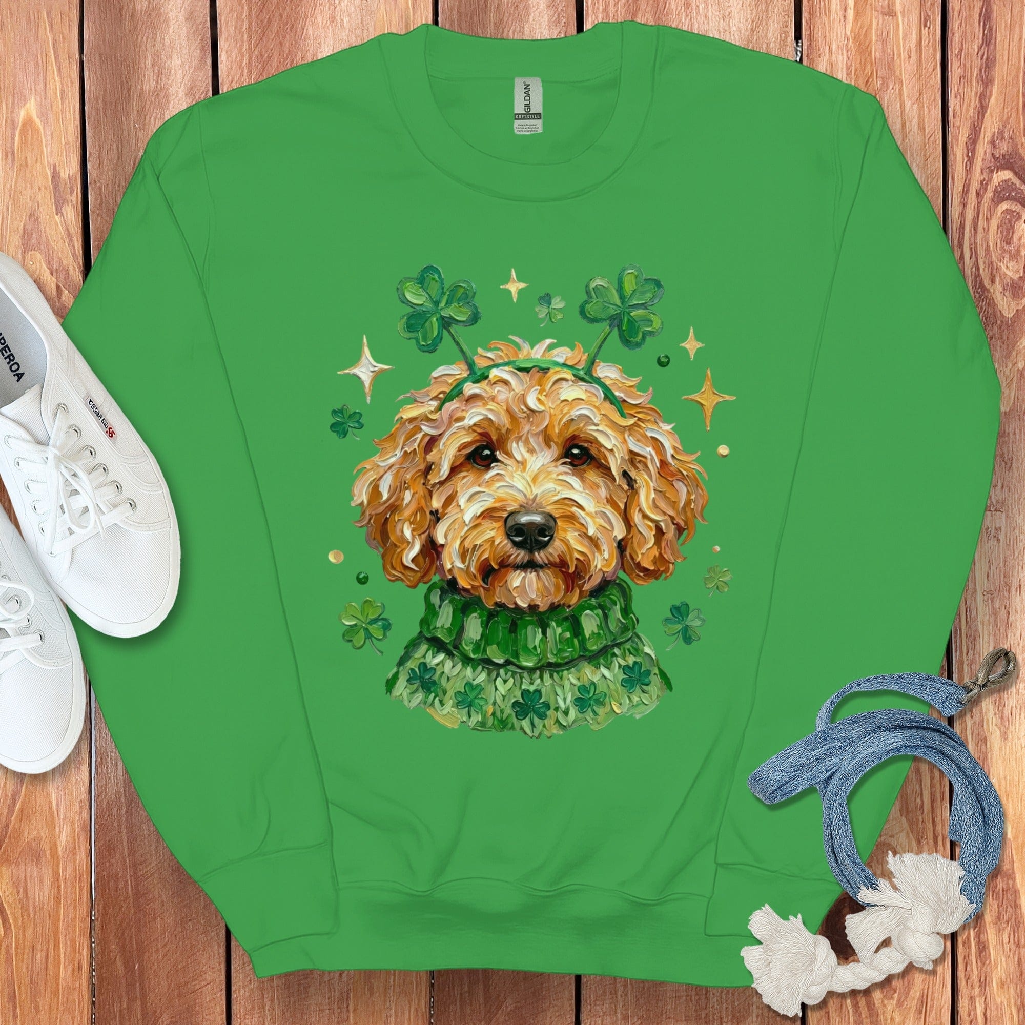 Lucky Apricot Goldendoodle Sweatshirt in Irish Green / S by Puppy Jo